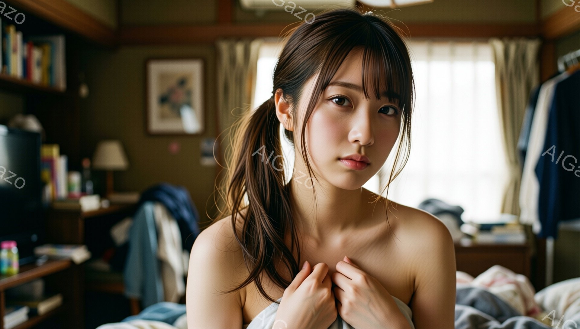 長い茶色の髪をポニーテールにし、薄いピンク色の口紅を塗った若い女性が描かれています。彼女は白いシーツを抱えてベッドに座っており、少し憂いのある表情を浮かべています。背景には木製の家具と窓から差し込む光があり、暖かく、親密な雰囲気を醸し出しています。