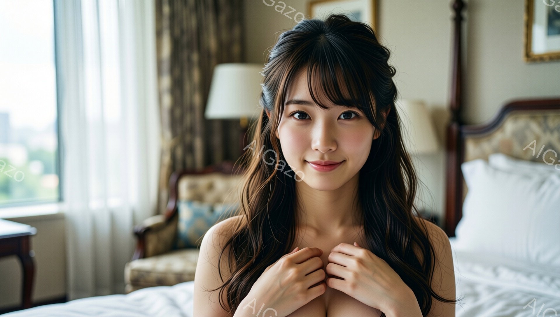 長い黒髪を肩にかけた女性が、白いベッドの上で両手を胸の前で組み、微笑んでいます。背景にはベージュとゴールドのアクセントが入ったクラシックな椅子と、窓から見えるぼやけた都市の風景が見えます。暖色系の照明 - AI生成フリー素材