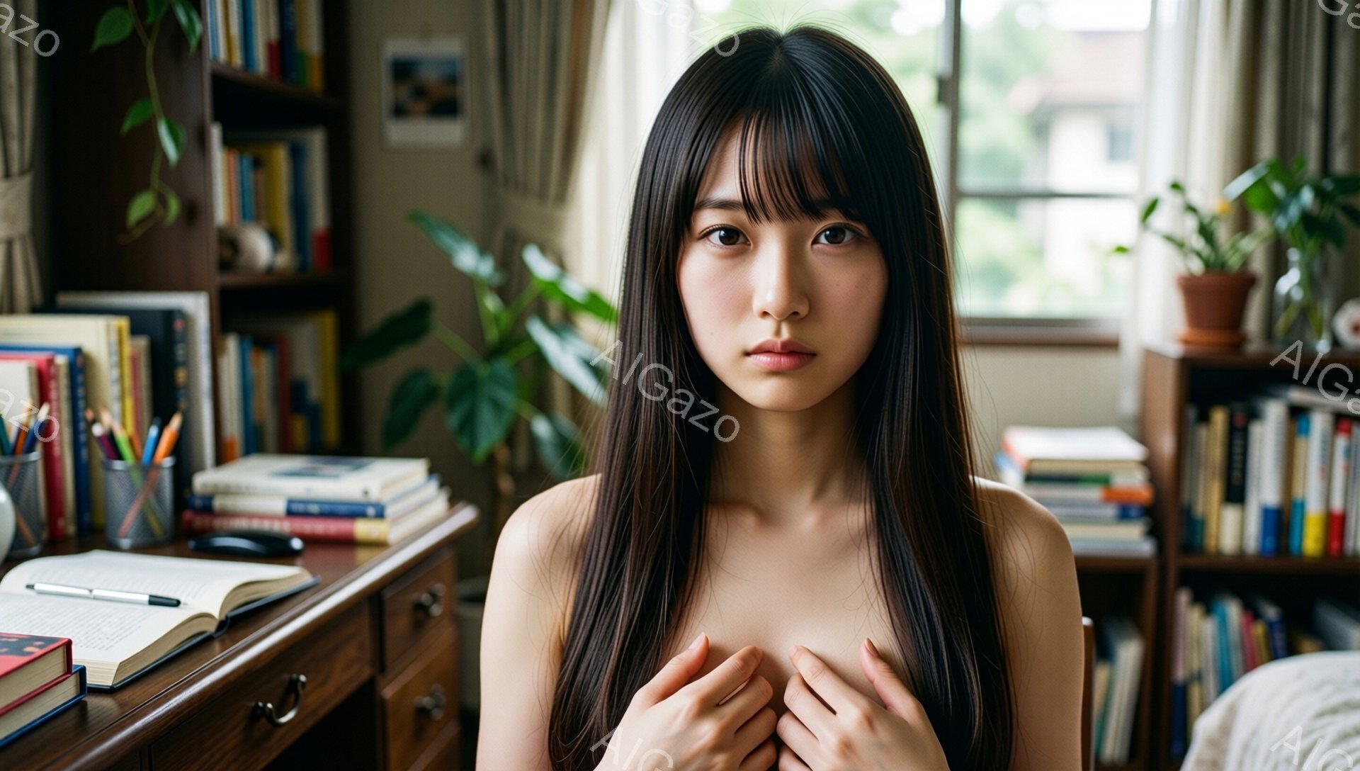 長い黒髪で、前髪が眉毛にかかる女性が写っています。彼女は上半身を裸にし、両手で胸元を抱きしめるようなポーズをとっています。背景には本棚や机があり、室内で撮影された穏やかな雰囲気のポートレートです。