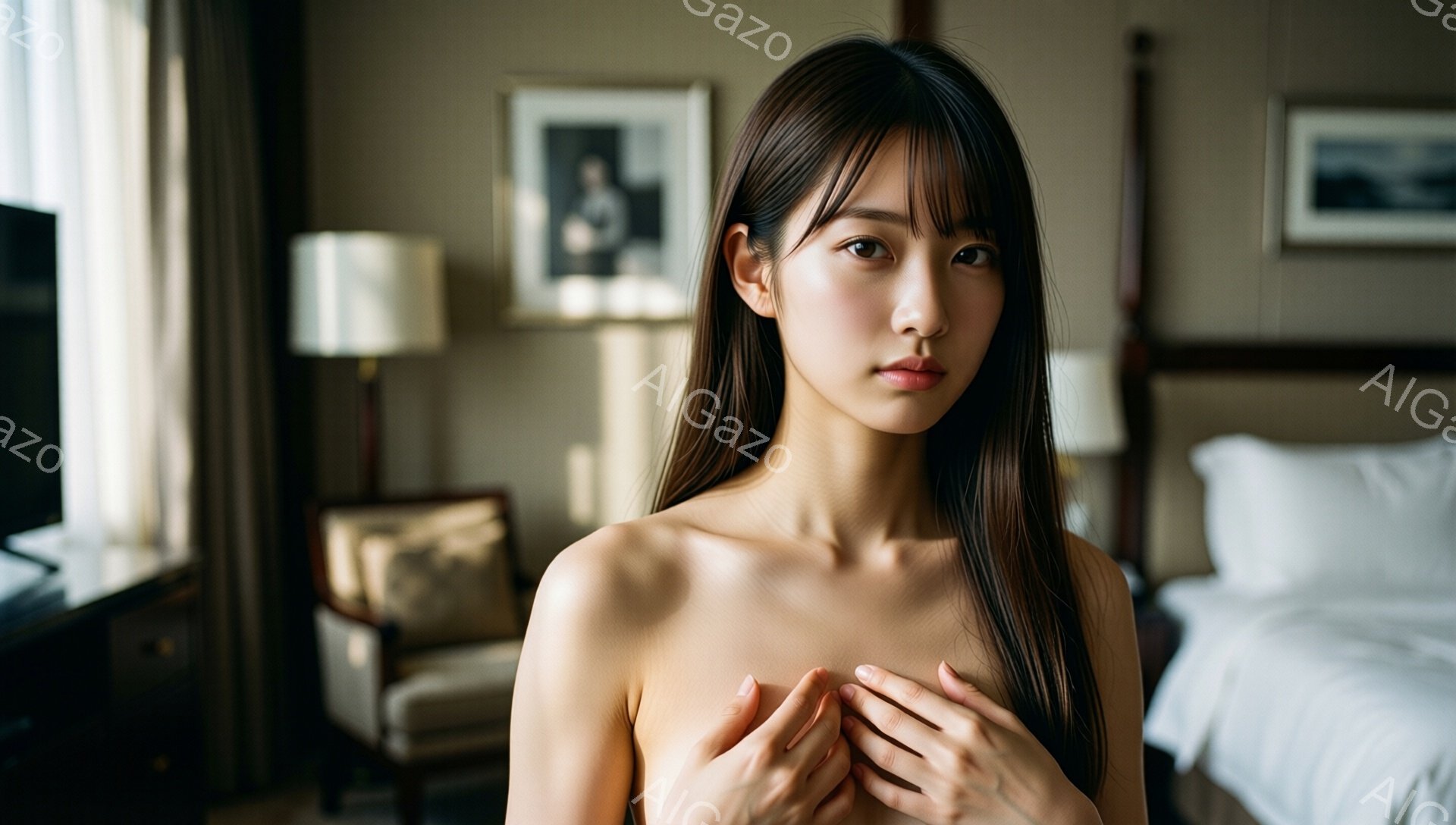 長い黒髪の女性が、上半身を裸にした状態で、両手で胸を抱えています。背景には、豪華なインテリアが施されたホテルの客室が見え、椅子やベッド、そして絵画が配置されています。全体的に、静かで内省的な雰囲気が漂っています。