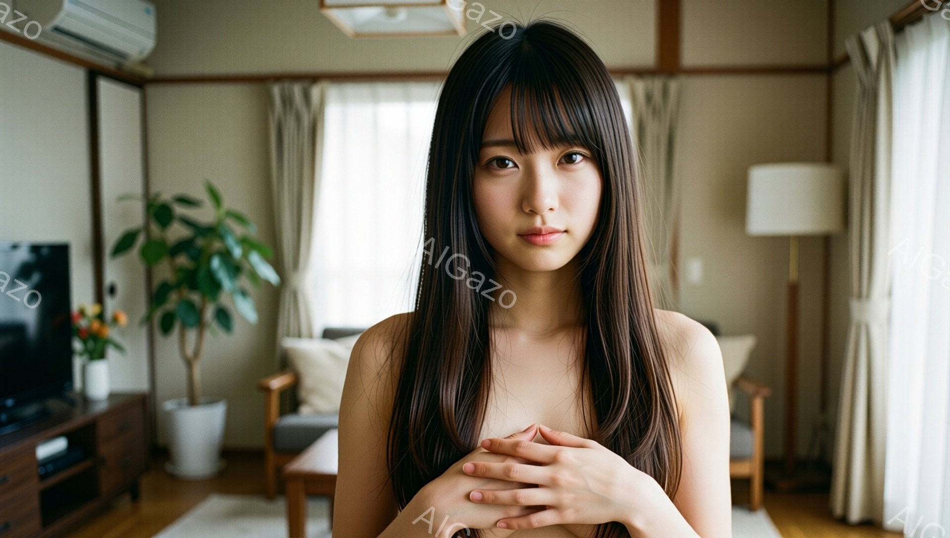 長い黒髪で、前髪は眉毛にかかる程度にカットされた女性が写っている。彼女は上半身裸で、両手を胸の前で組み、やや物憂げな表情をしている。背景には和室のような部屋で、畳、障子、明るい色のソファと観葉植物が見え、全体的に落ち着いた雰囲気が漂っている。