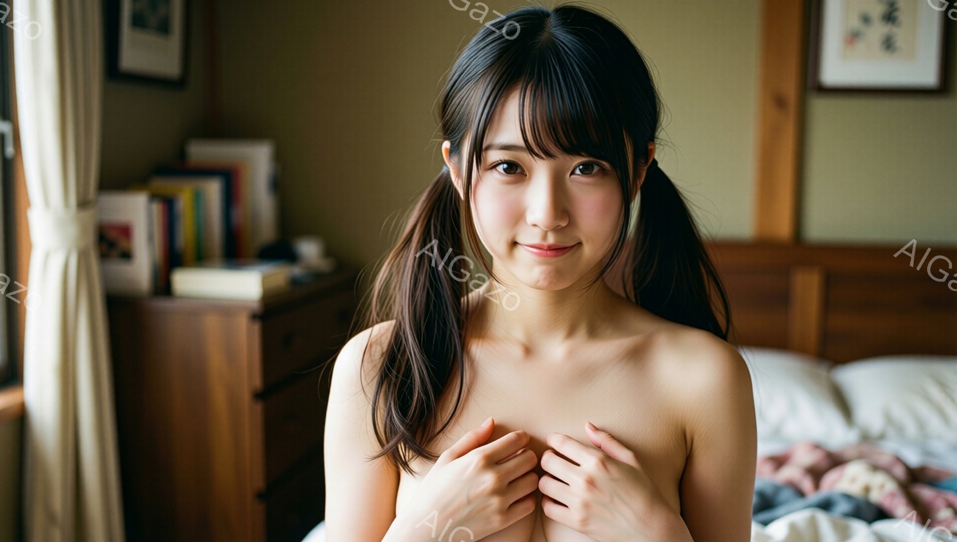 黒髪でツインテールの女性が、上半身を何かで覆い隠しながらこちらを見ている。彼女はわずかに微笑み、柔らかい表情を浮かべている。背景には木製の家具と畳の部屋があり、落ち着いた雰囲気である。