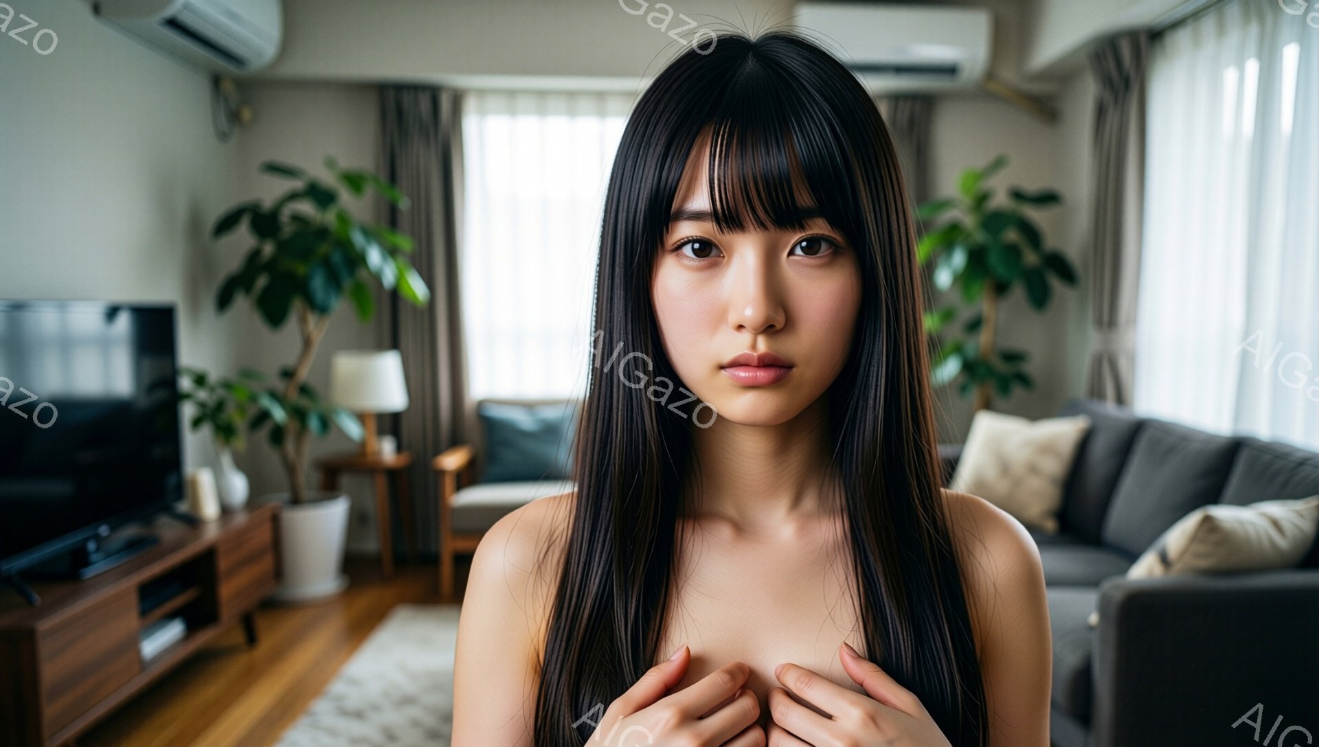 長い黒髪でストレートヘアの女性が写っている。彼女は上半身裸で、両手で胸元を抱えている。背景には、ソファー、テレビ台、観葉植物があり、リビングルームのような室内空間がうかがえる。 - AI生成フリー素材