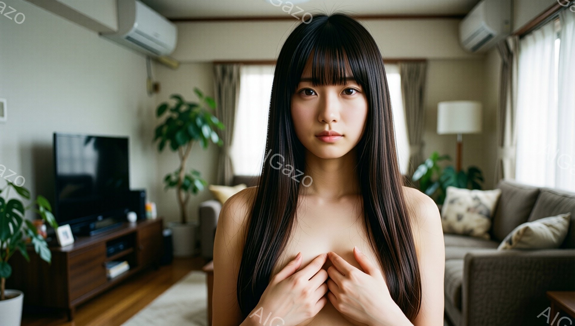 長い黒髪の女性が、上半身を露出して両手で胸を抱えています。背景には、テレビ、ソファ、観葉植物が見える、明るく落ち着いたリビングルームが広がっています。彼女はカメラを見つめ、落ち着いた表情をしています。