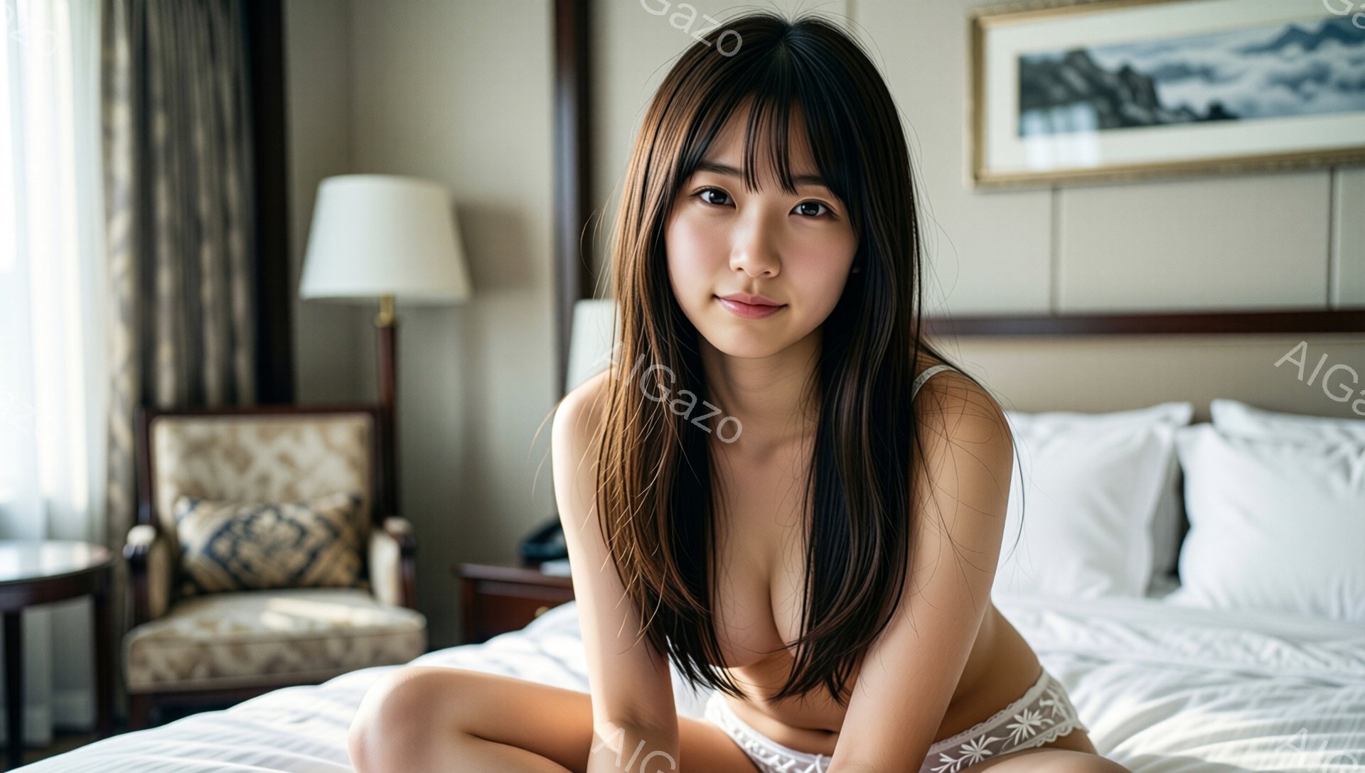 長い黒髪をなびかせ、白いレースのブラとショーツを身につけた女性がベッドに座っている。彼女はカメラに向かって微笑み、リラックスした表情をしている。背景には、椅子と絵画が見え、ホテルの一室のような落ち着い - AI生成フリー素材