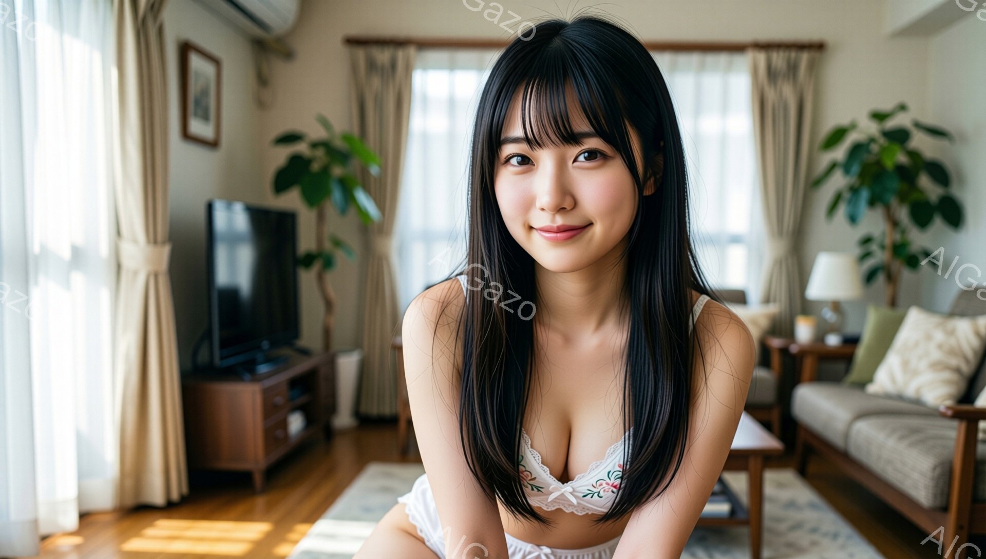 黒髪の女性が、レースのブラとショーツ姿でカメラを見つめています。彼女は微笑んでおり、リラックスした姿勢で床に横たわっています。背景には、ソファ、テレビ、観葉植物などがあるリビングルームが広がっており、 - AI生成フリー素材