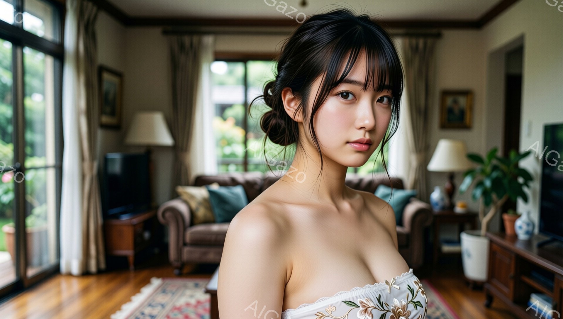 長い黒髪を後ろでまとめ、オフショルダーの白いブラウスを着た若い女性が写っている。彼女はカメラを見つめ、落ち着いた表情を浮かべている。背景には、窓から差し込む光が暖かく、ソファや植物が配置された居心地の良いリビングルームが広がっている。