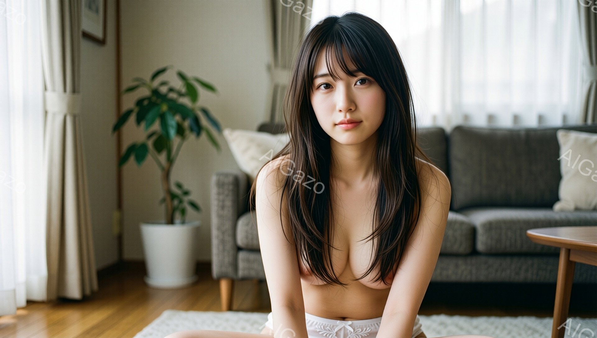 長い黒髪を無造作に垂らした若い女性が、薄いベージュのランジェリーを身につけ、床に座ってこちらを見つめている。背景にはグレーのソファと観葉植物があり、自然光が差し込むリビングルームの穏やかな雰囲気が感じ - AI生成フリー素材