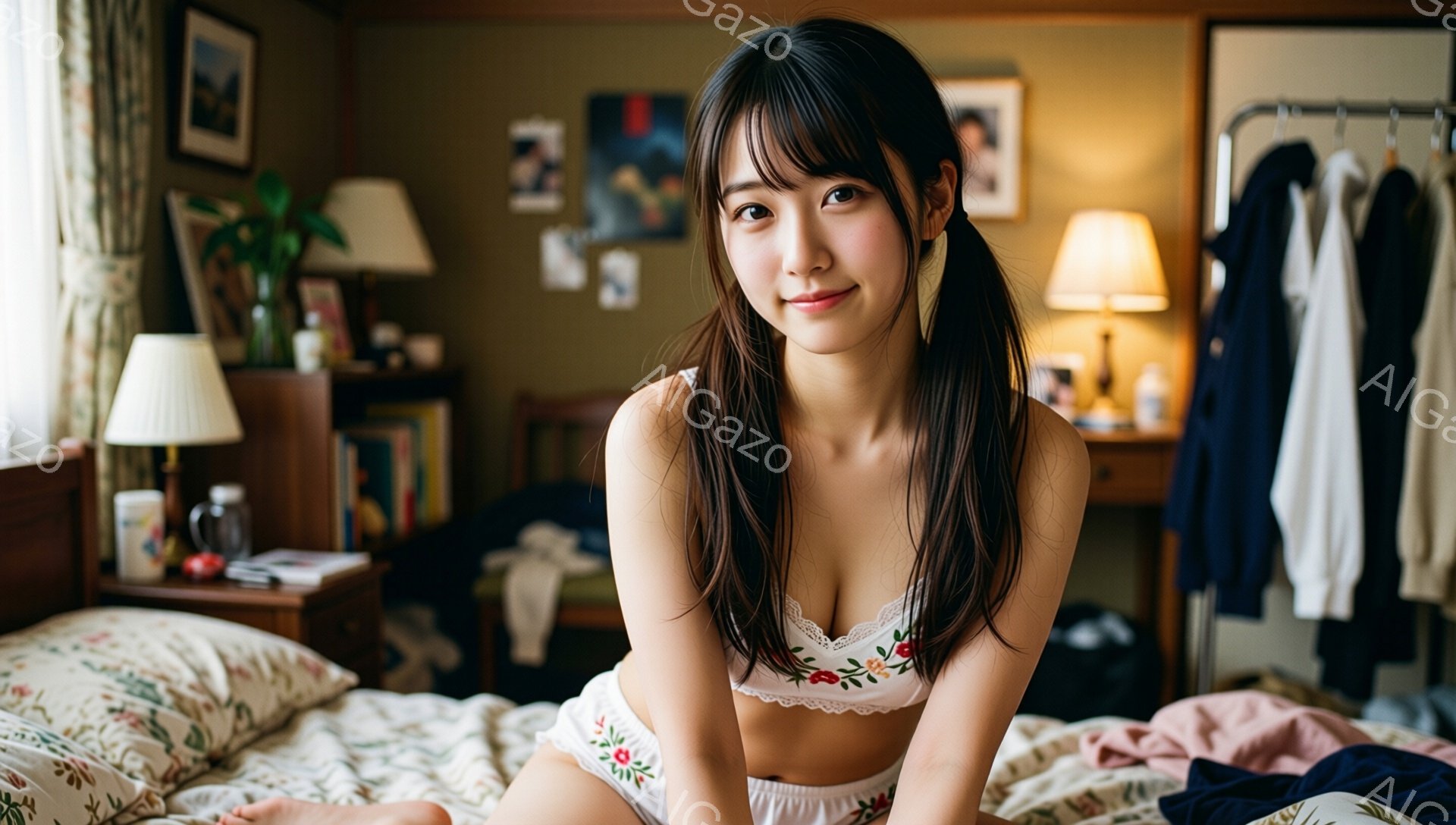 長い黒髪をサイドポニーテールにした若い女性がベッドに座っています。白いレースと花の刺繍が施されたブラとショーツ姿で、少し微笑んでカメラを見つめています。ベッドの背景には、ランプや本が置かれたサイドテーブル、洋服が掛けられたラックがあり、暖かく家庭的な雰囲気が漂っています。
