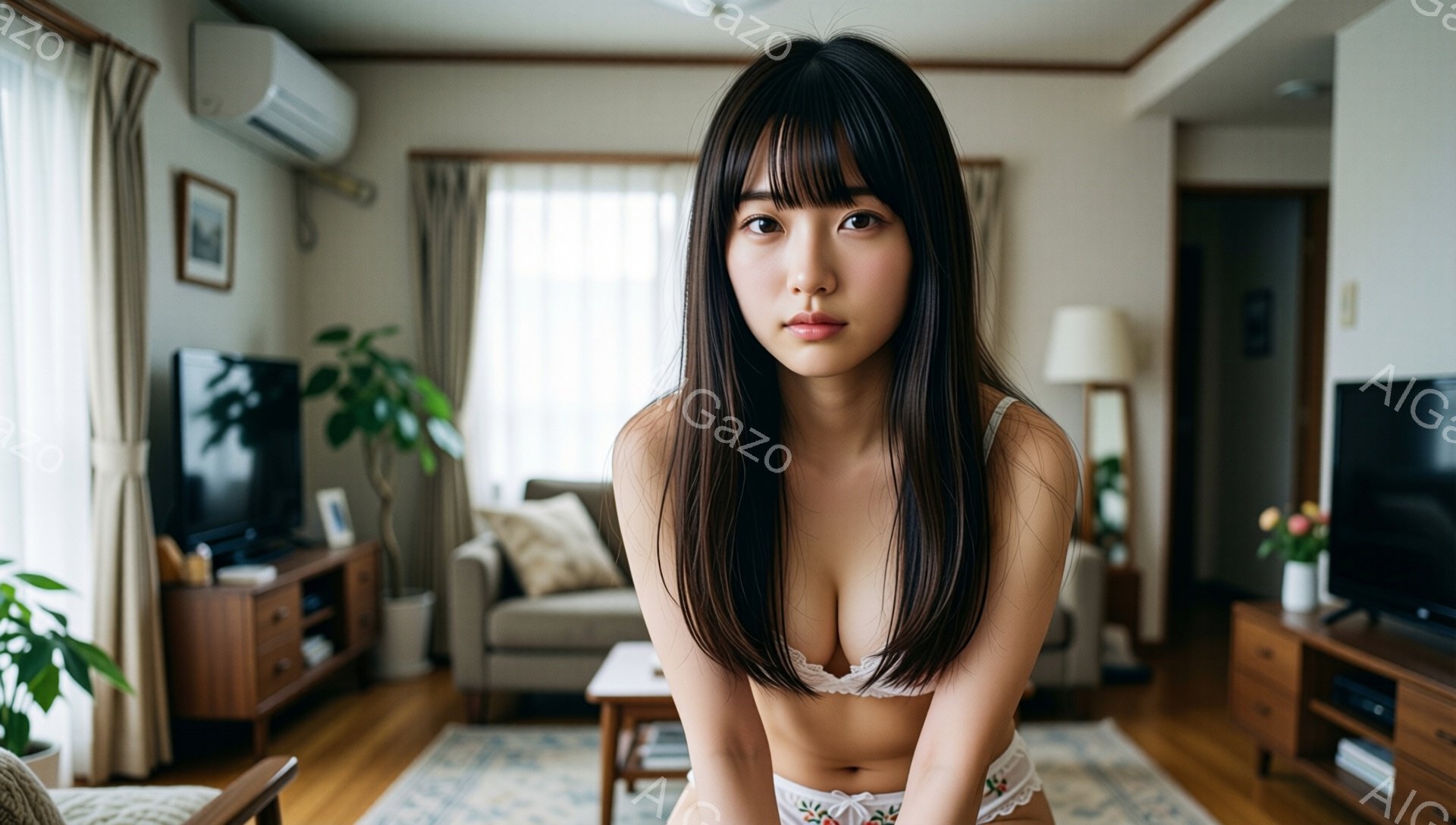 長い黒髪で、前髪は眉毛にかかるようにカットされた女性が写っている。白いレースのブラとパンツを身に着け、わずかに微笑んでいる。背景にはリビングルームがあり、ソファ、キャビネット、植物などが配置されている - AI生成フリー素材