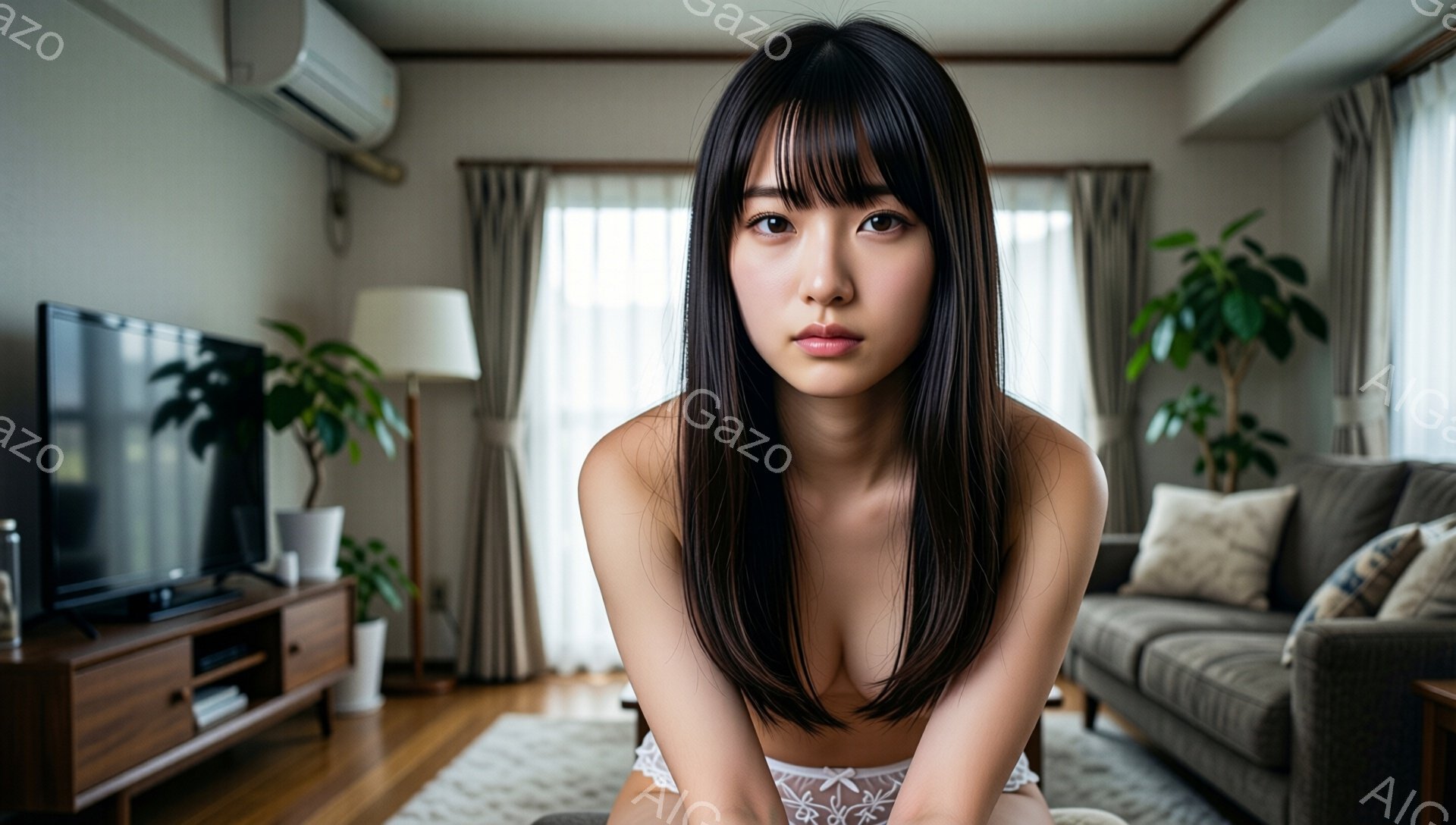 長い黒髪の女性が、白いレースのブラレットを着用し、カメラの方をまっすぐ見つめています。彼女はソファに座り、やや挑発的な表情を浮かべています。背景は明るいリビングルームで、テレビ、ソファ、観葉植物があり - AI生成フリー素材