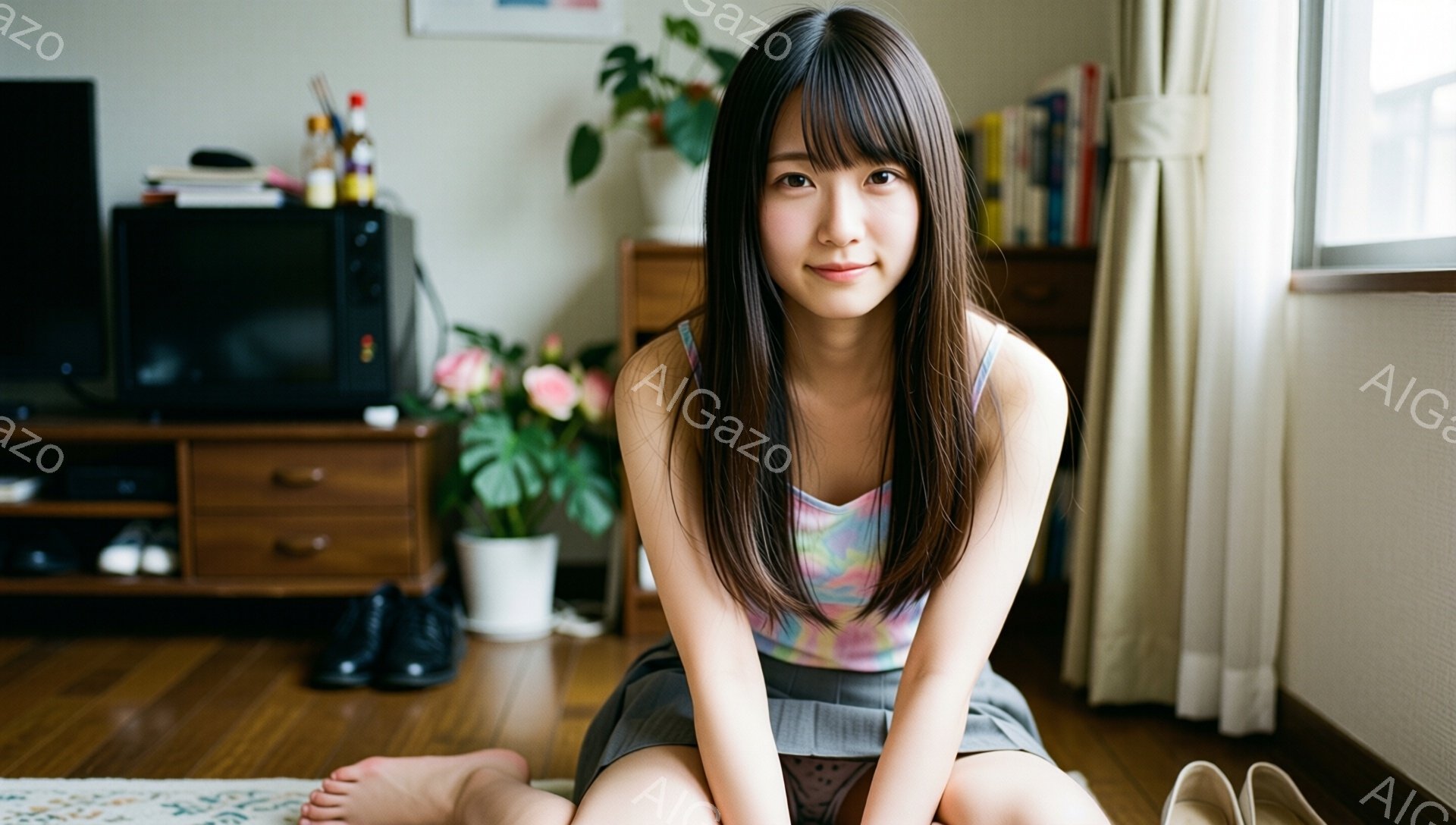 長い茶色の髪を持つ若い女性が、フローリングの床に座ってこちらを見ています。彼女はカラフルなタンクトップとグレーのスカートを着ており、リラックスした表情を浮かべています。背景には、木製のキャビネット、植物、カーテンが見え、室内が明るく穏やかな雰囲気です。