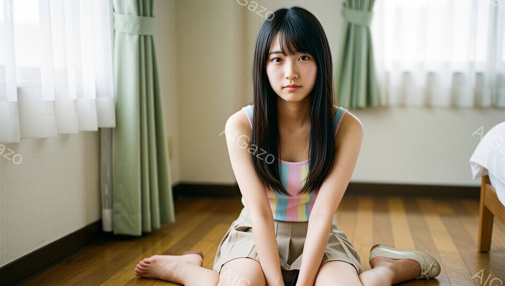 長い黒髪をセンターパートにした若い女性が、ベージュのショートパンツとレインボーカラーのタンクトップを着て床に座っています。彼女は両足を揃えて前に伸ばし、少し微笑んでいるように見え、視線はカメラの方を向いています。背景には薄い緑色のカーテンと、ベッドの一部が見え、部屋全体は明るく清潔な雰囲気が漂っています。