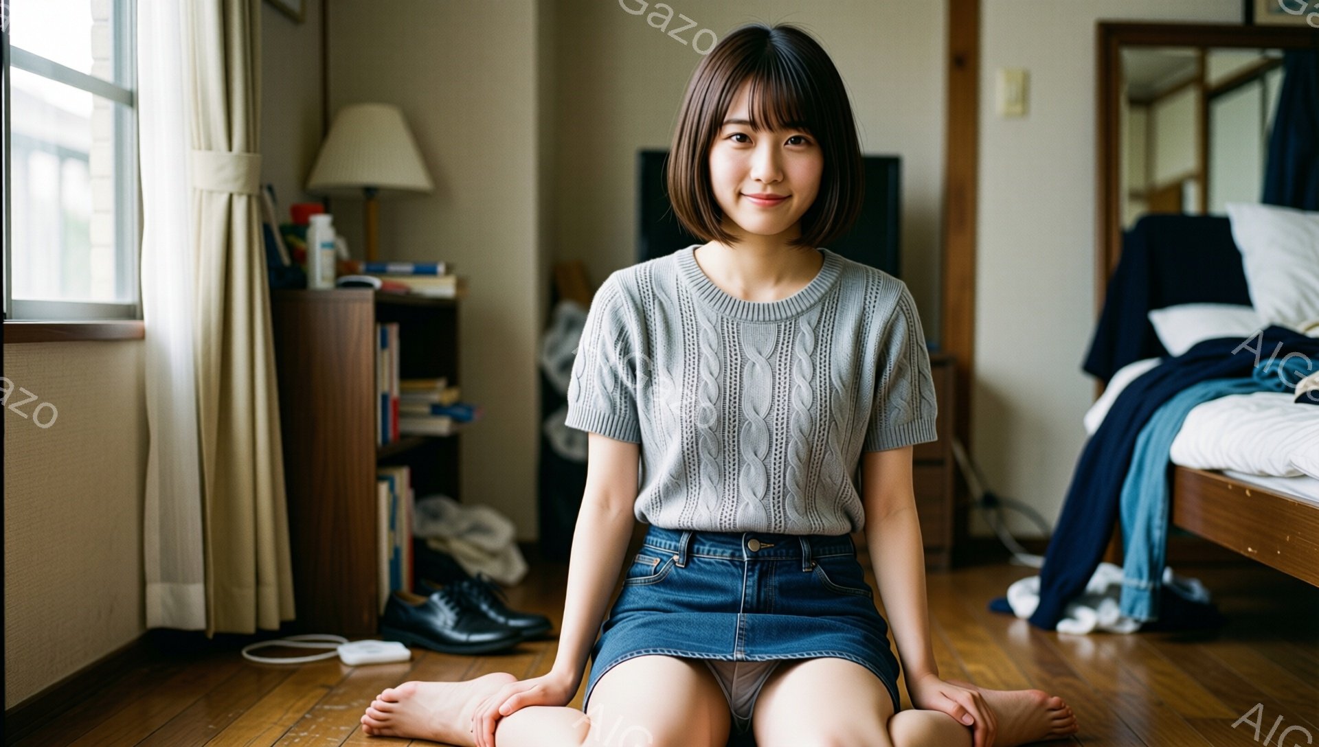 彼女は短い茶髪で、前髪が目に少しかかるようにカットされています。グレーのセーターとデニムのスカートを身に着け、床に座って膝を抱えています。背景にはベッドと箪笥があり、部屋は暖かく、家庭的な雰囲気です。