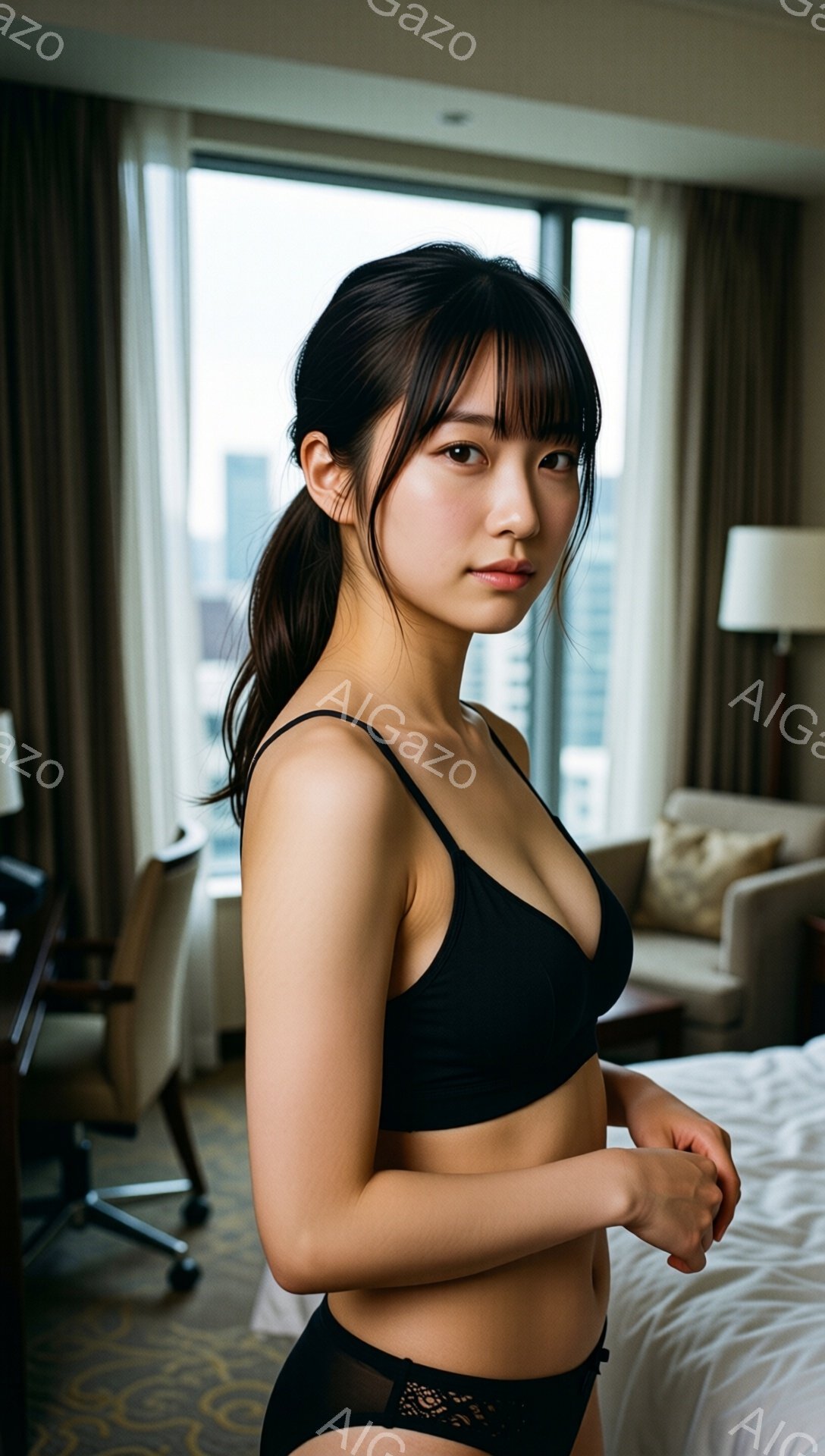 長い黒髪をハーフアップにした女性が、黒いランジェリー姿でベッドの端に立っている。彼女は少し体をねじり、片手を腰に当てて、カメラを見つめる控えめな表情を浮かべている。背景には、窓から見える高層ビル群と、 - AI生成フリー素材