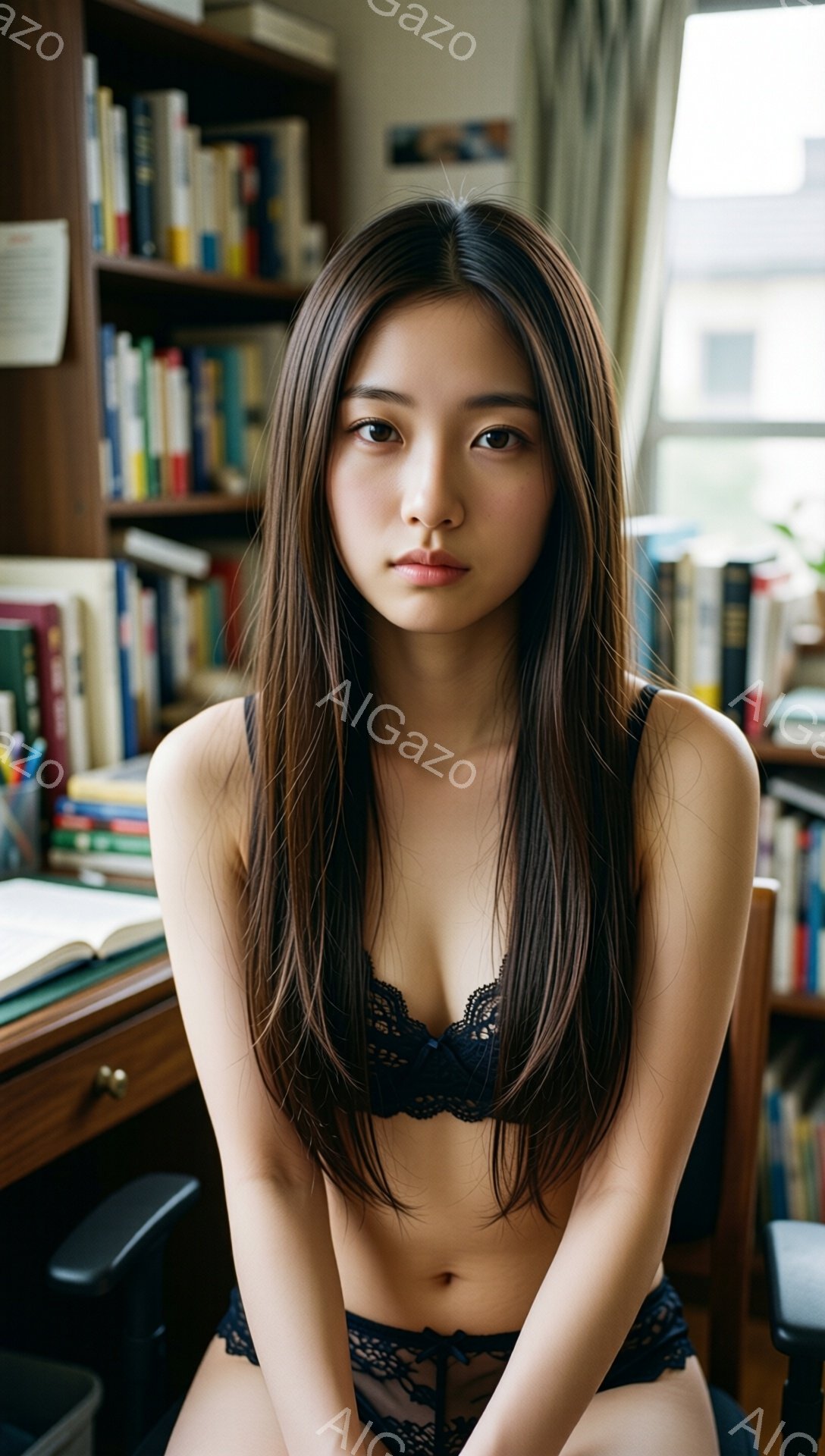 長い黒髪の女性が、レースのブラとショーツ姿で椅子に座っています。彼女は正面を見つめ、やや憂いを帯びた表情をしています。背後には本棚が並び、学習机が置かれている室内で、少しアンニュイな雰囲気が漂っていま - AI生成フリー素材