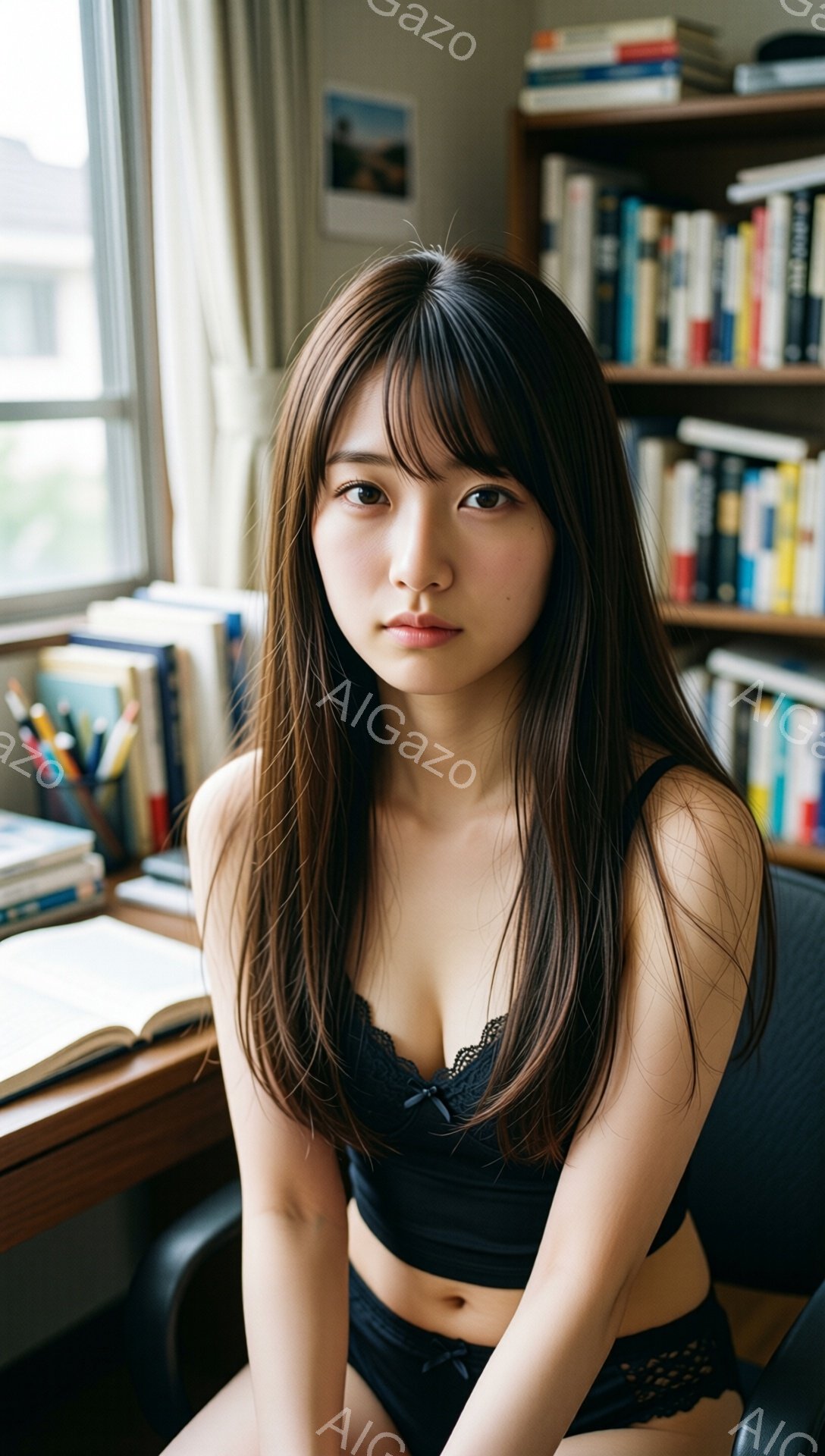 長い黒髪の女性が、黒いレースのブラとショーツを身に着けて椅子に座っています。彼女は少し伏し目がちで、穏やかな表情をしています。背後には本棚があり、窓からは外の建物が見えます。 - AI生成フリー素材