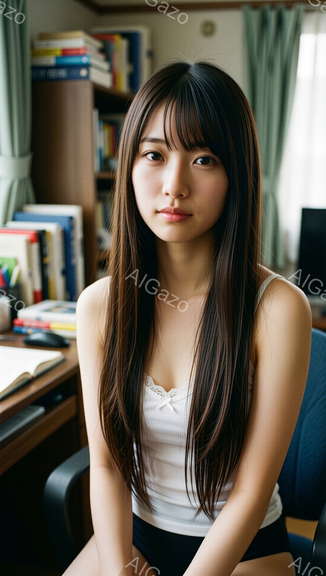 長い茶色の髪をストレートに下ろし、白いキャミソールと黒いボトムスを着た若い女性が写っている。彼女は椅子に座り、少し微笑みながらカメラを見つめている。背景には本棚と机があり、部屋は明るく、落ち着いた雰囲 - AI生成フリー素材