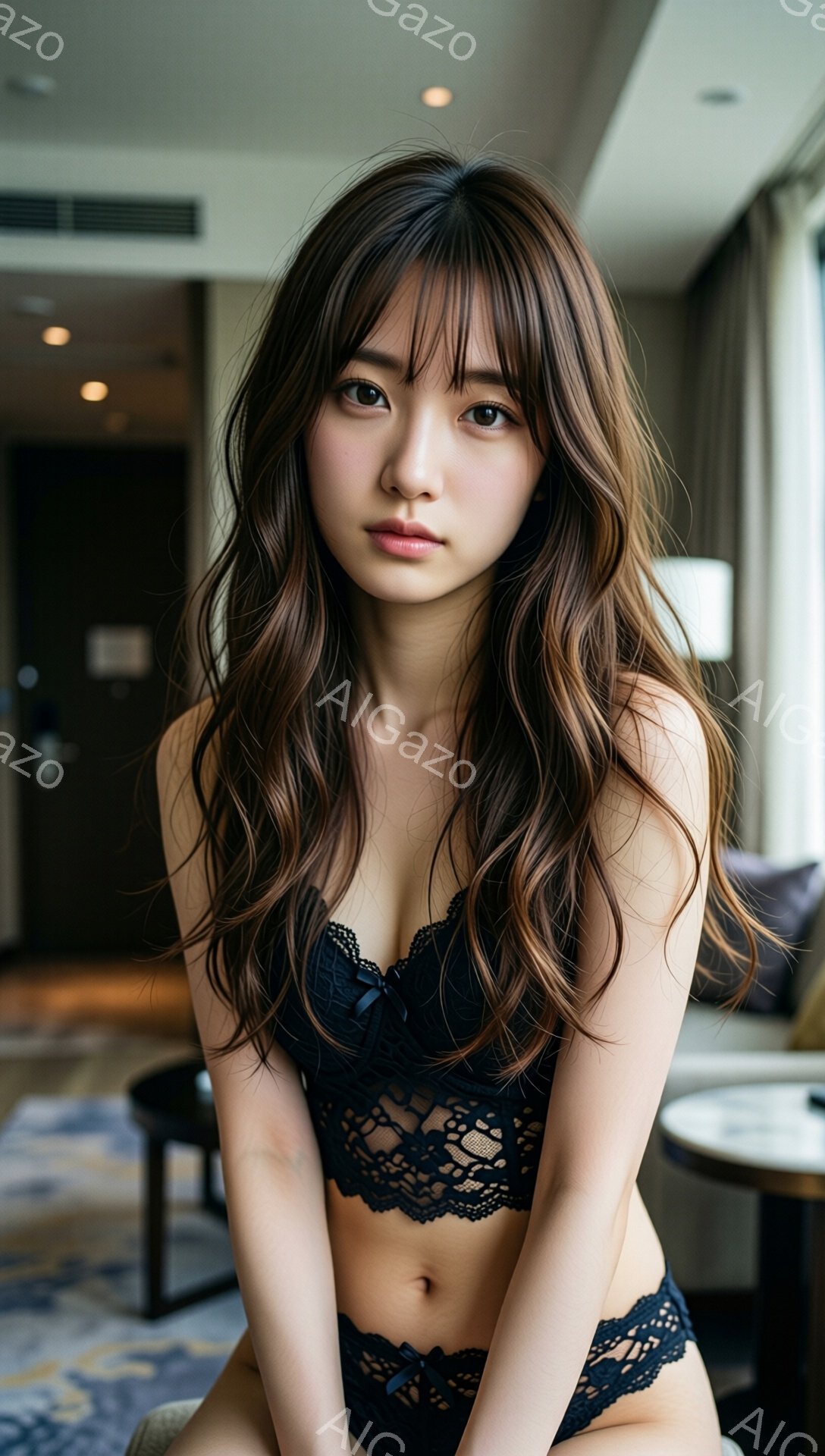 長い茶色の髪を無造作に肩にかけた女性が、黒いレースのブラとショーツのセットアップ姿で座っています。彼女はカメラに向かって穏やかな表情で、少し憂いを帯びた視線を送っています。背景には、テーブルや椅子が見 - AI生成フリー素材