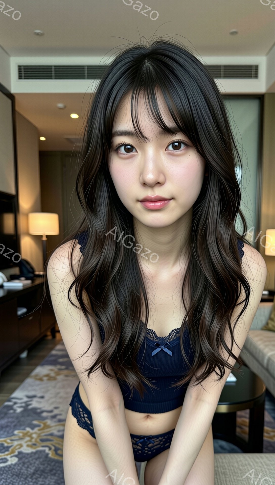 長い黒髪で、前髪は目にかかるように流されています。ブルーのレースのブラとショーツを身につけ、少し恥ずかしそうな表情でカメラを見ています。背景はホテルの部屋のような場所で、絨毯と間接照明が見え、暖かく落ち着いた雰囲気です。