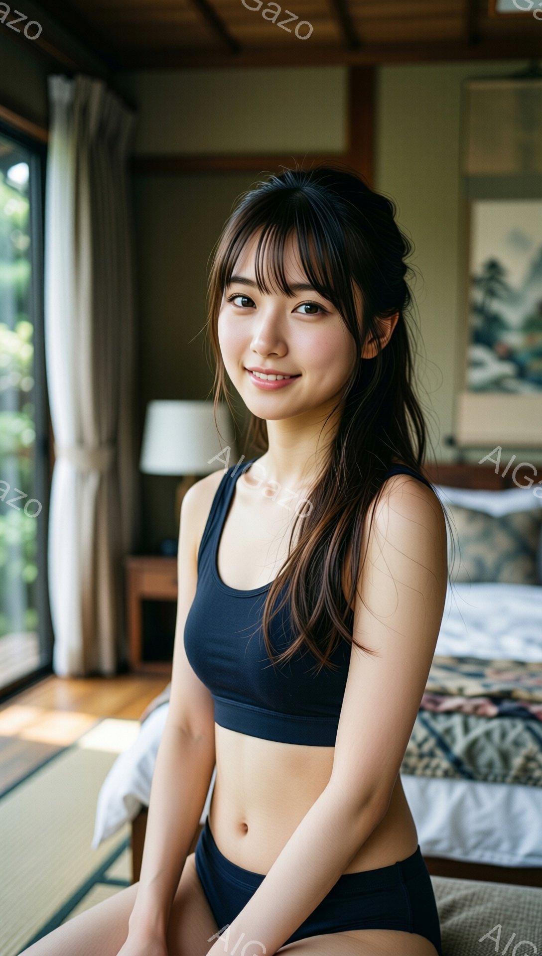 長いダークブラウンの髪をハーフアップにした若い女性が、黒のスポーツブラとショーツ姿で座っています。彼女は微笑んでおり、リラックスした雰囲気です。背景には畳の部屋、窓からの自然光、そしてベッドが見え、和モダンな空間が広がっています。