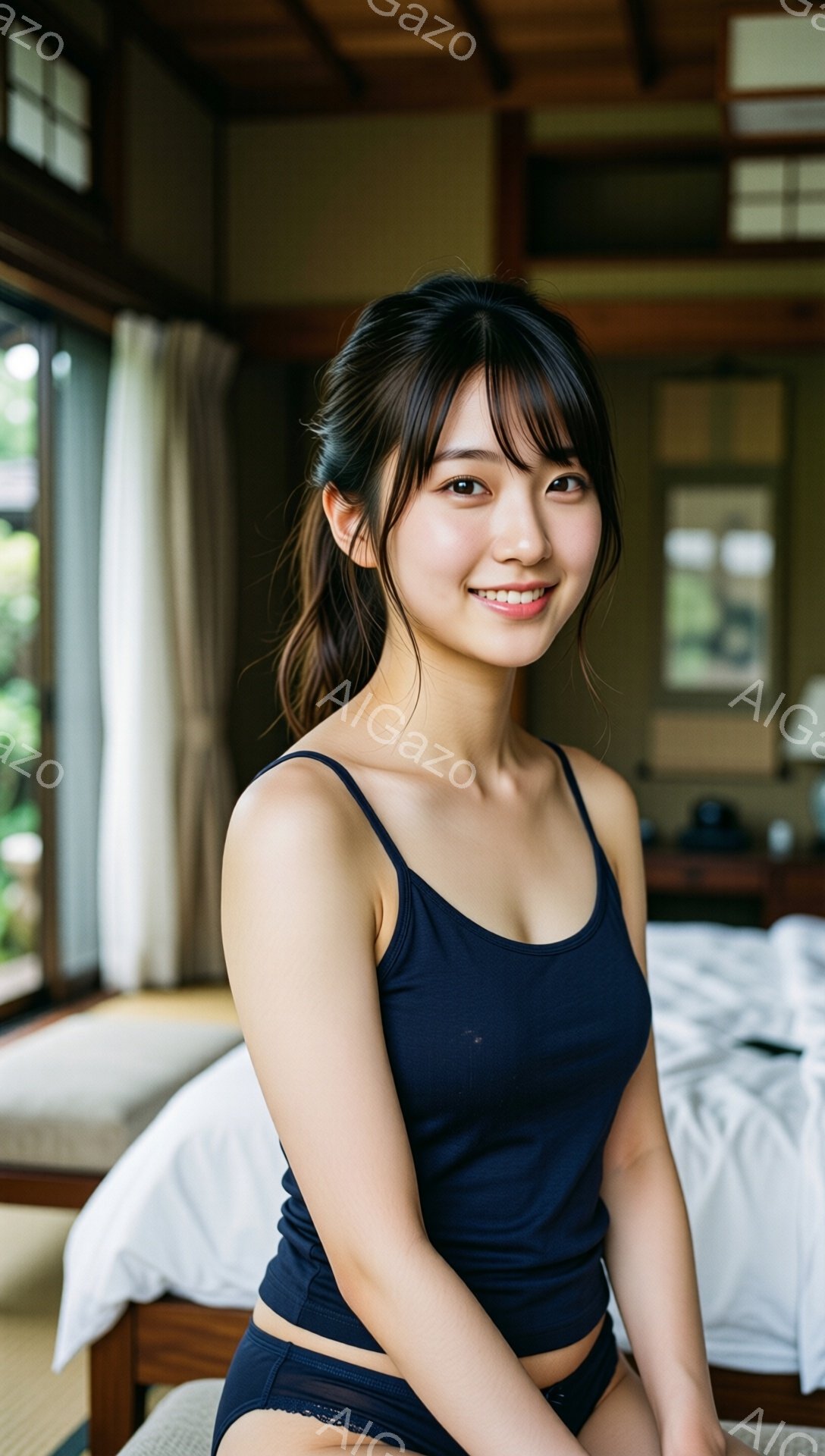 明るい背景の中で、黒いタンクトップとショーツ姿の若い女性が写っています。彼女は微笑んでおり、長い髪は後ろでポニーテールに結ばれています。背景には畳敷きの部屋と窓から見える緑の木々が見え、リラックスした雰囲気です。