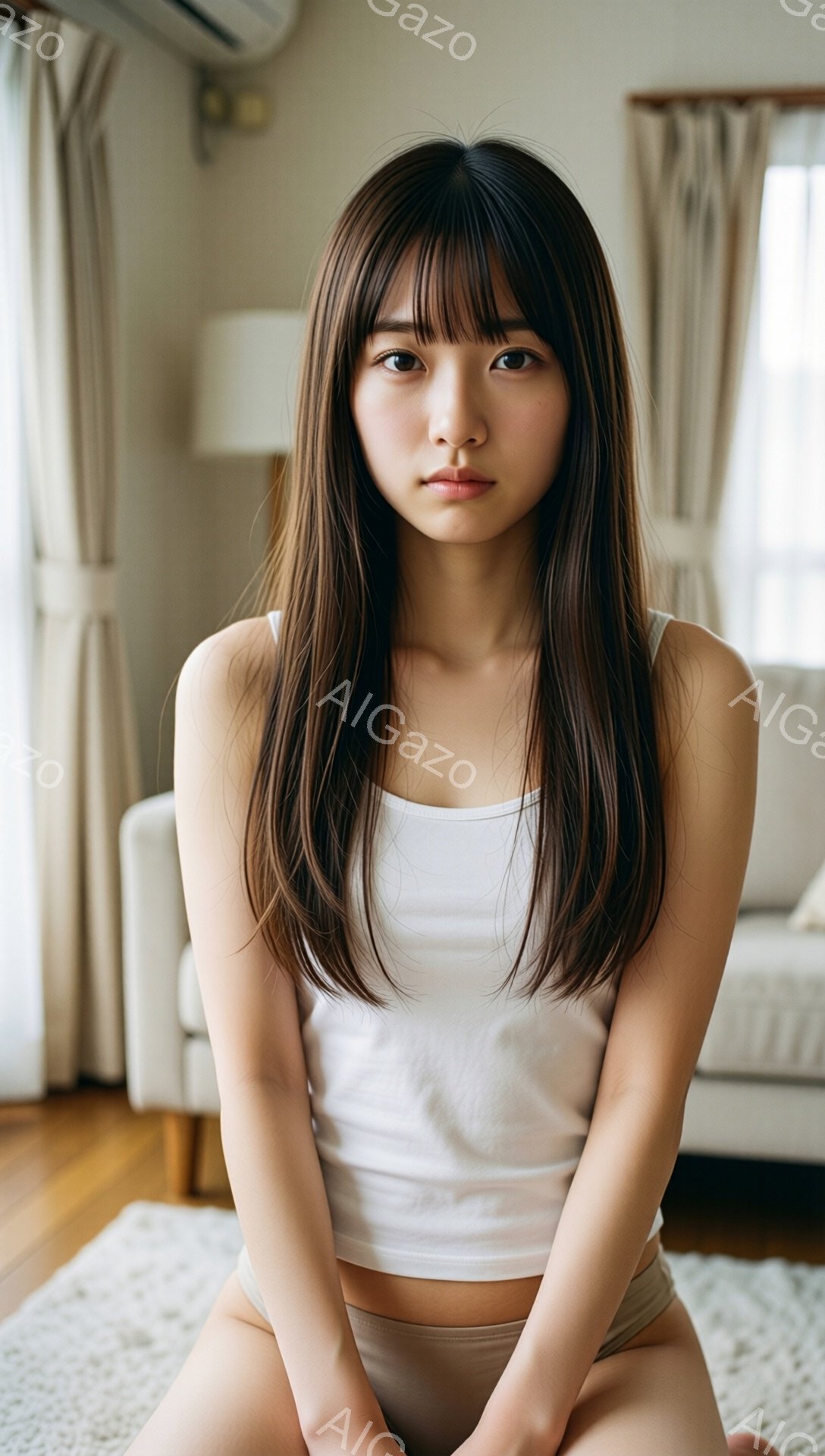 長い茶色の髪はストレートで、前髪が眉毛にかかっています。白いタンクトップとベージュのパンツを着用しており、床に座ってリラックスしたポーズをとっています。背景には、カーテンが引かれた窓と、ぼんやりと見え - AI生成フリー素材
