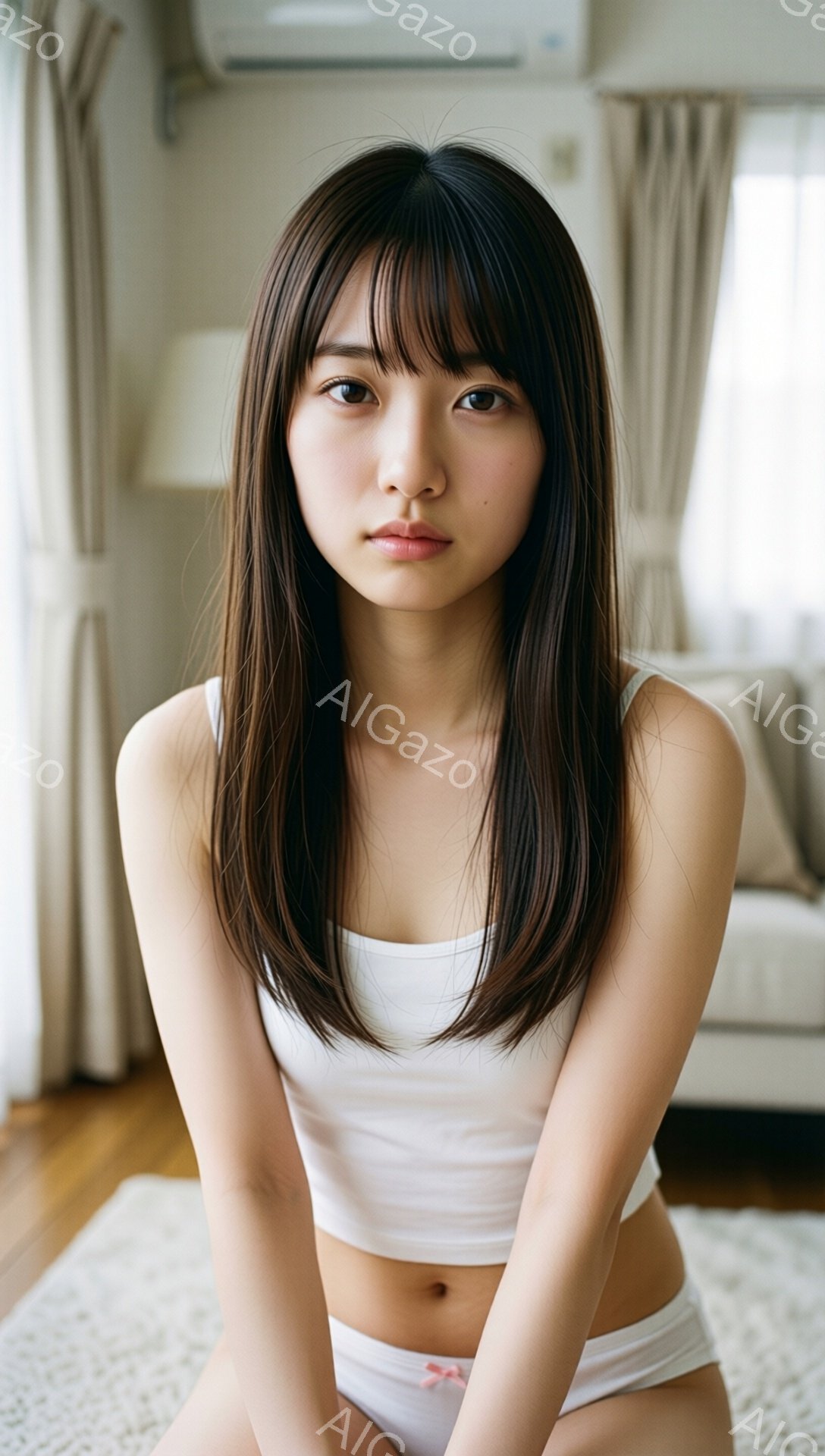 長い黒髪で、前髪が目の上にかかっています。白いタンクトップと下着姿の若い女性が、膝を曲げて座っています。背景には、ベージュのカーテンと白いソファーが見え、室内である穏やかな雰囲気です。 - AI生成フリー素材