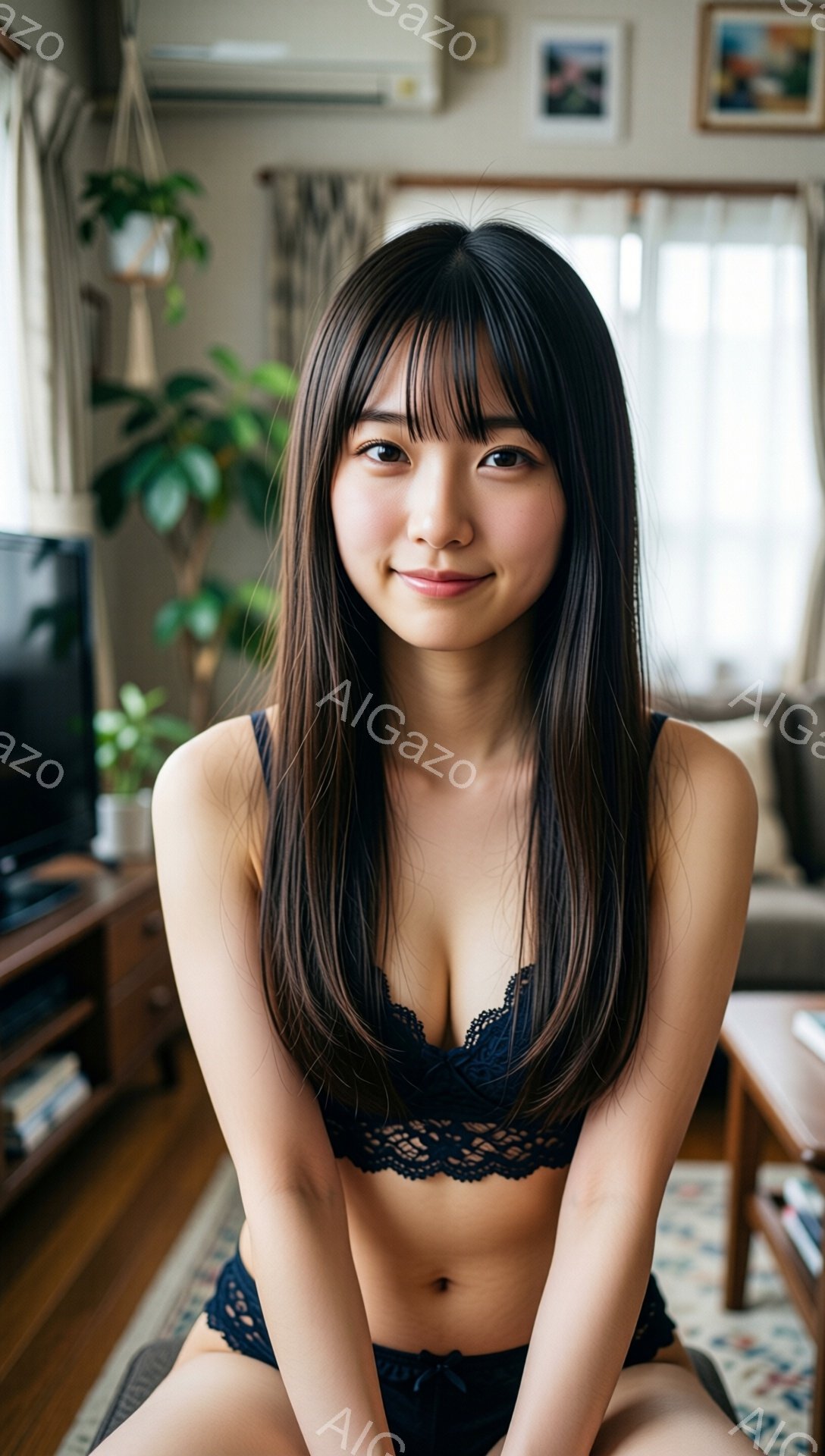 長い黒髪の女性がレースのブラとショーツ姿で正面を見つめています。少し微笑んでおり、リラックスした雰囲気です。背景はリビングルームで、木製のキャビネットや植物、そして窓から差し込む自然光が見えます。