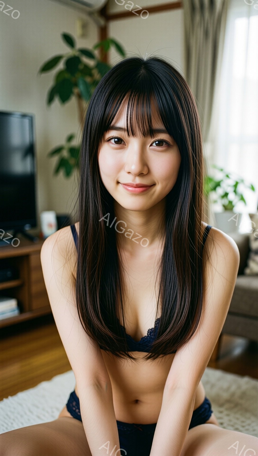 長い黒髪で前髪が目にかかる女性が、レースのブラとショーツを身につけ、膝を曲げて座っています。彼女は微笑み、カメラを見つめており、背景には木製のキャビネットと観葉植物が見えます。全体的に柔らかく自然光が - AI生成フリー素材