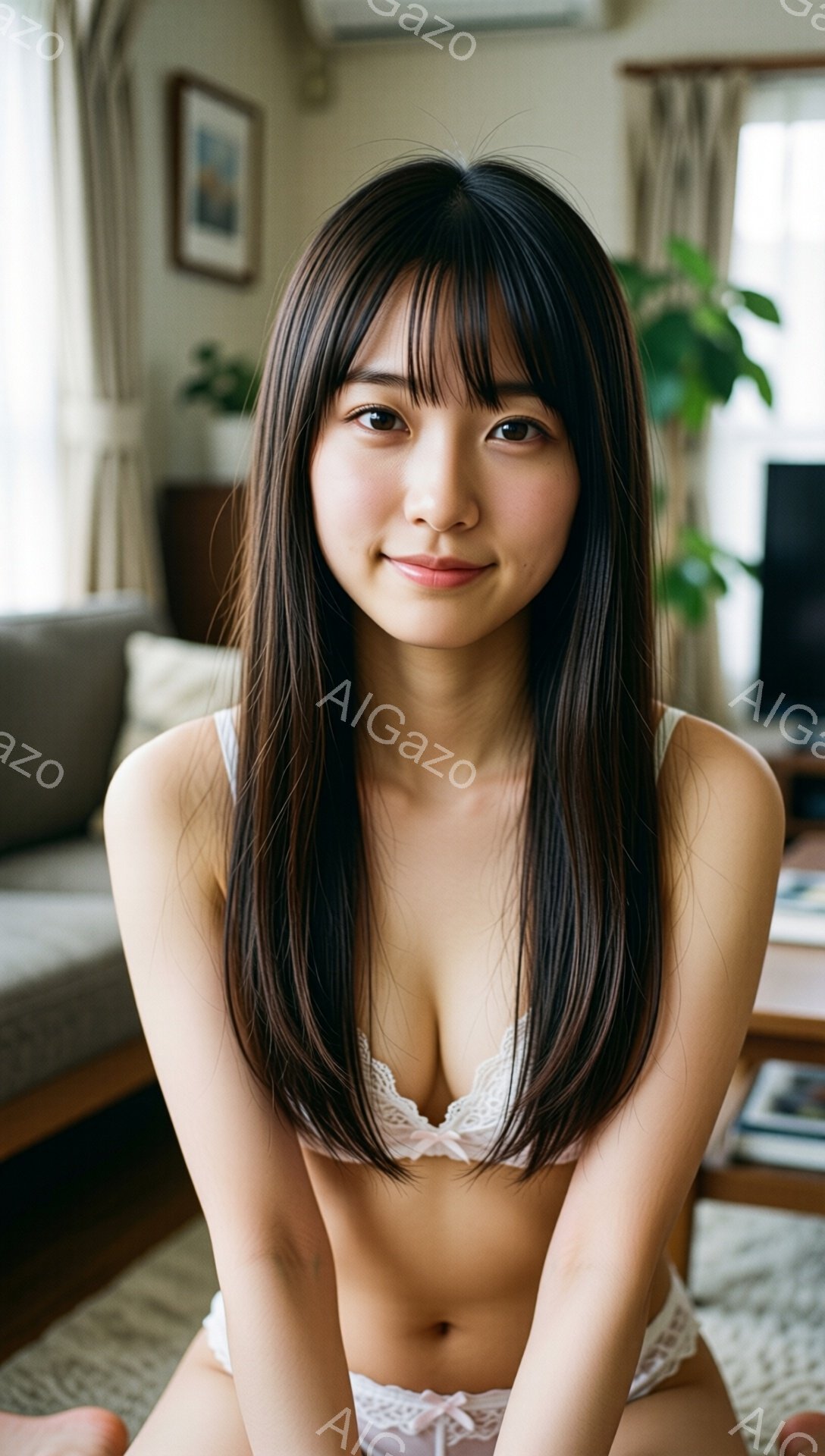長い黒髪の女性が、レースのブラとショーツ姿で正面を向いています。彼女は微笑みを浮かべ、リラックスしたポーズで座っています。背景は明るいリビングルームで、ソファや植物が見え、穏やかな家庭的な雰囲気が漂っ - AI生成フリー素材