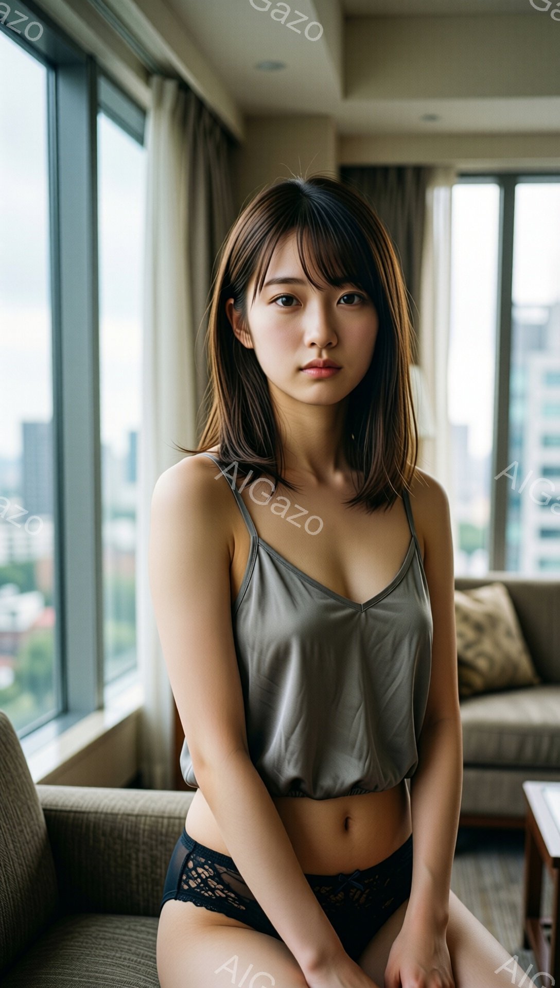 若い女性が、キャミソールと下着姿でソファに座っています。彼女はダークブラウンのロングヘアで、前髪が目に少しかかっています。背景には、高層ビル群と曇り空が見え、室内はモダンで落ち着いた雰囲気が漂っています。