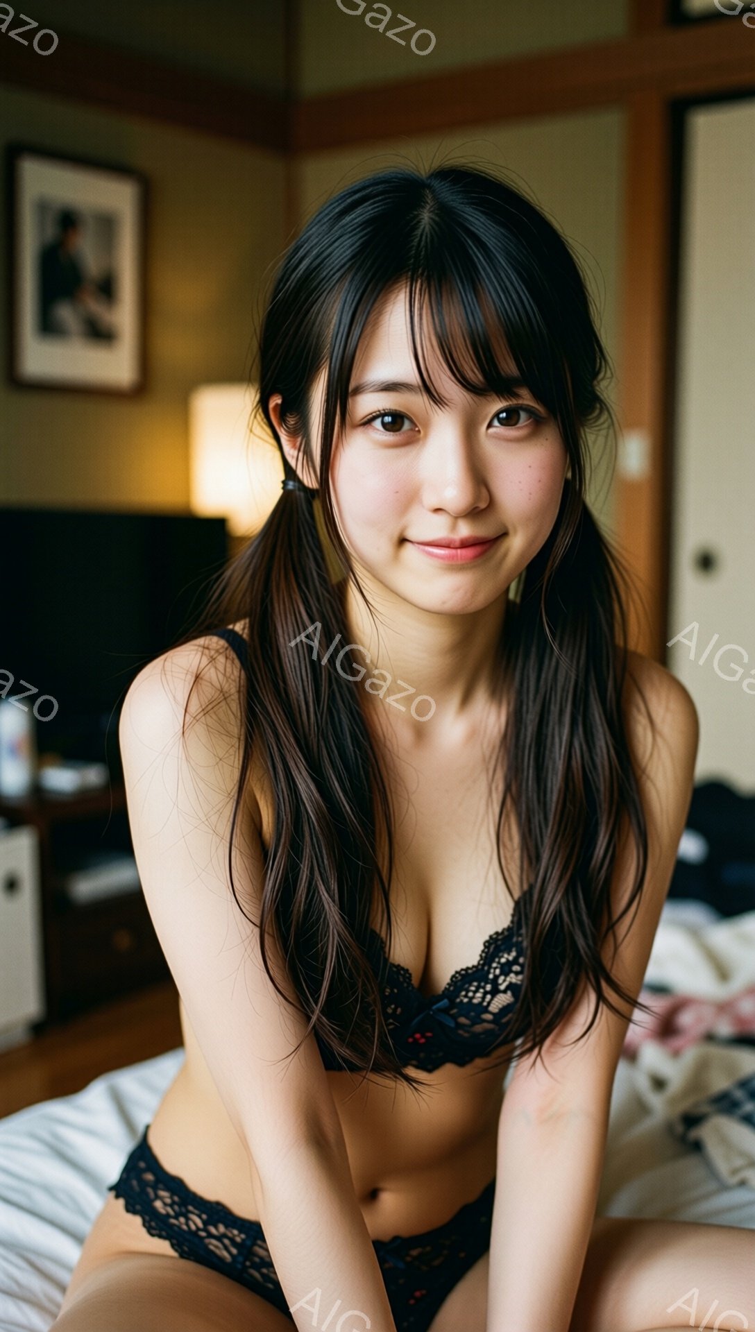 黒いレースのブラとショーツを身に着けた女性が、ベッドに座ってカメラを見つめています。彼女は長い黒髪をハーフアップにし、穏やかな笑顔を浮かべています。背景には白っぽいベッドシーツと、絵画が飾られた壁が見え、暖かくリラックスした雰囲気です。