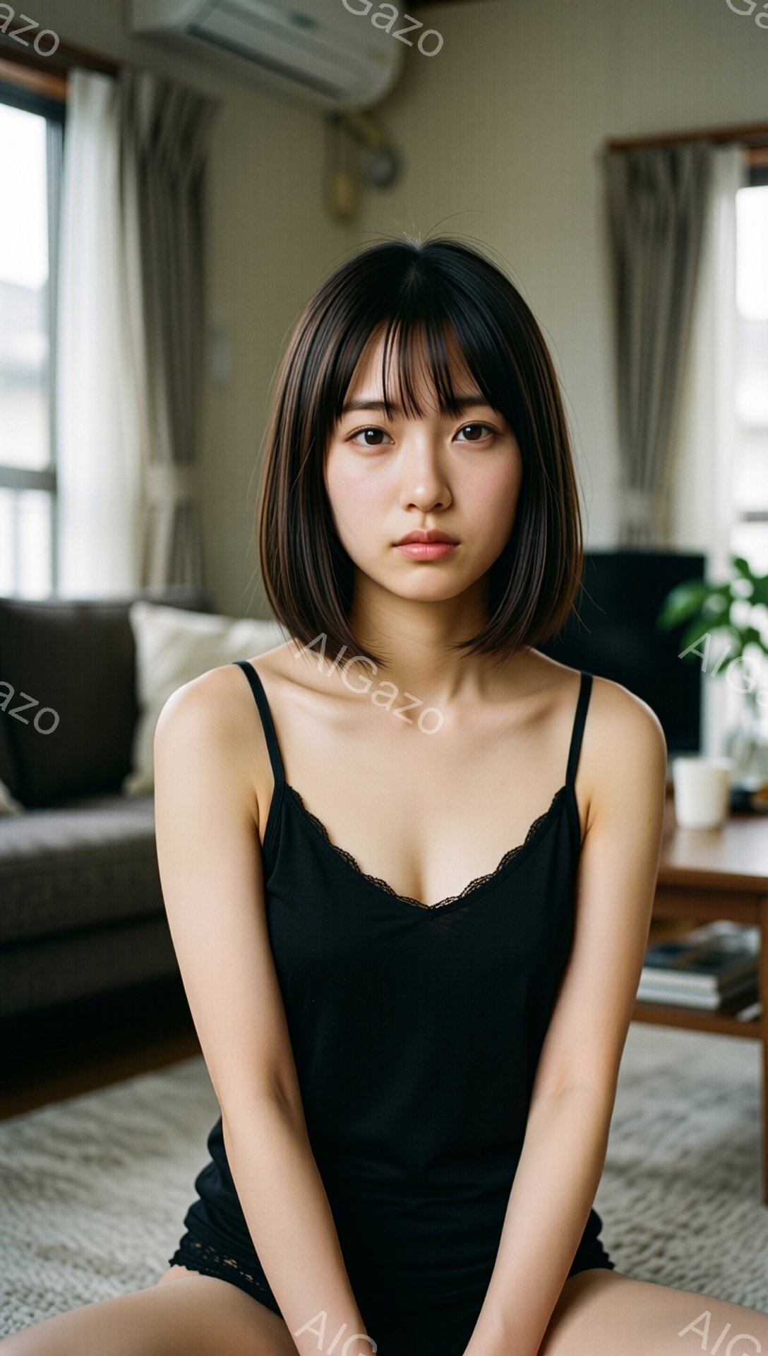 ショートヘアの女性が、レースのトリミングが施された黒いキャミソールを着て座っています。彼女はやや伏し目がちで、落ち着いた表情をしています。背景には、ベージュ色のソファと木製の家具、そして明るい自然光が差し込むリビングルームが見えます。