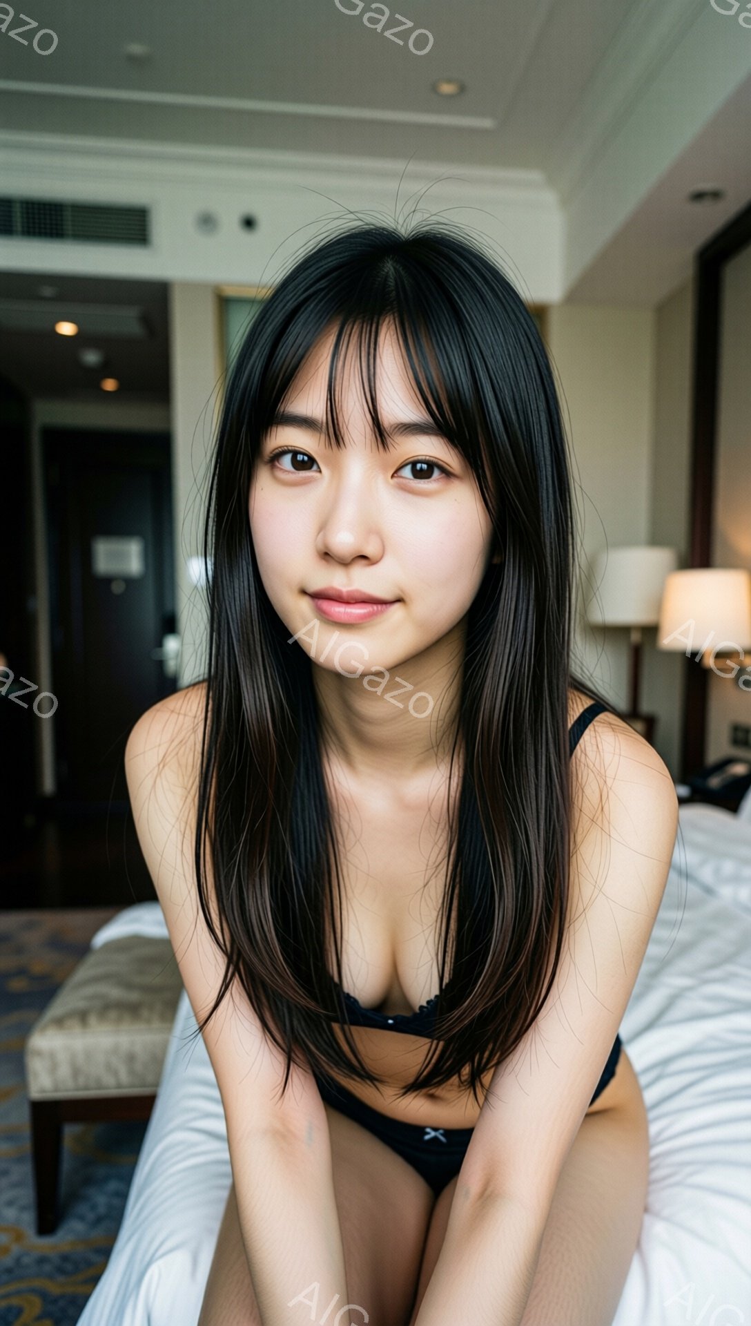 長い黒髪の女性が白いベッドに座っており、黒い下着を身に着けています。彼女はカメラに向かって微笑んでおり、リラックスした姿勢で両腕を膝に添えています。背景には、ホテルの一室のような内装が見え、暖色系の照 - AI生成フリー素材