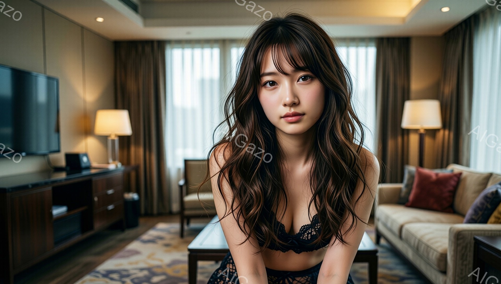 長い茶色のウェーブヘアの女性が、レースのブラと短いスカート姿でテーブルに寄りかかっています。彼女はカメラを見つめ、穏やかで少し挑発的な表情をしています。背景にはベージュと茶色の調和のとれたリビングルームがあり、ソファー、テレビ、窓からの自然光が見えます。