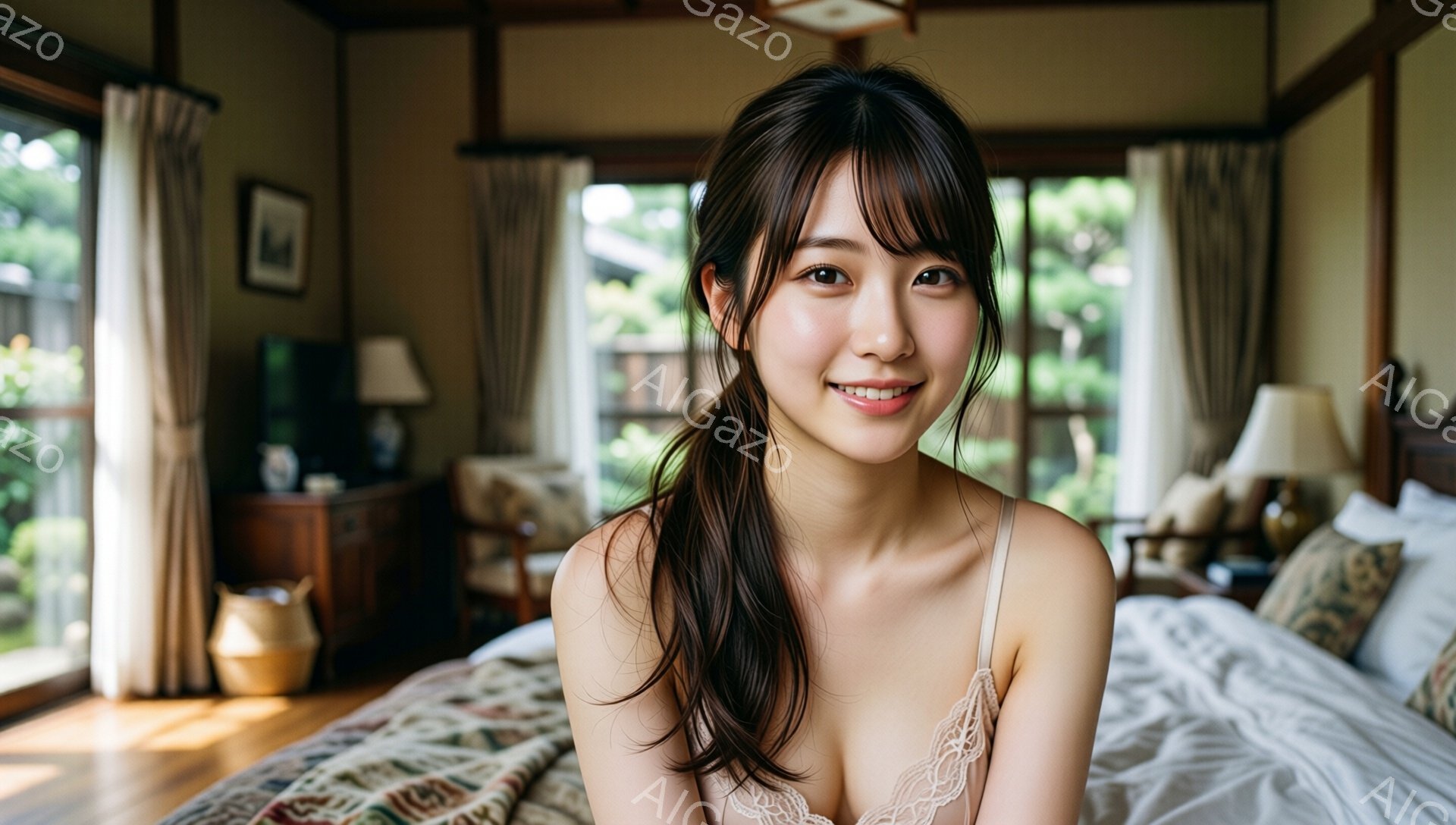 黒髪を肩まで伸ばし、前髪を少し長めに残した若い女性が、白いレースのキャミソールを着てベッドに座って微笑んでいます。背景には木製の家具や畳が見え、窓からは緑豊かな庭園がのぞき、和風の落ち着いた雰囲気の部屋です。光が優しく差し込み、女性の表情を明るく照らしています。