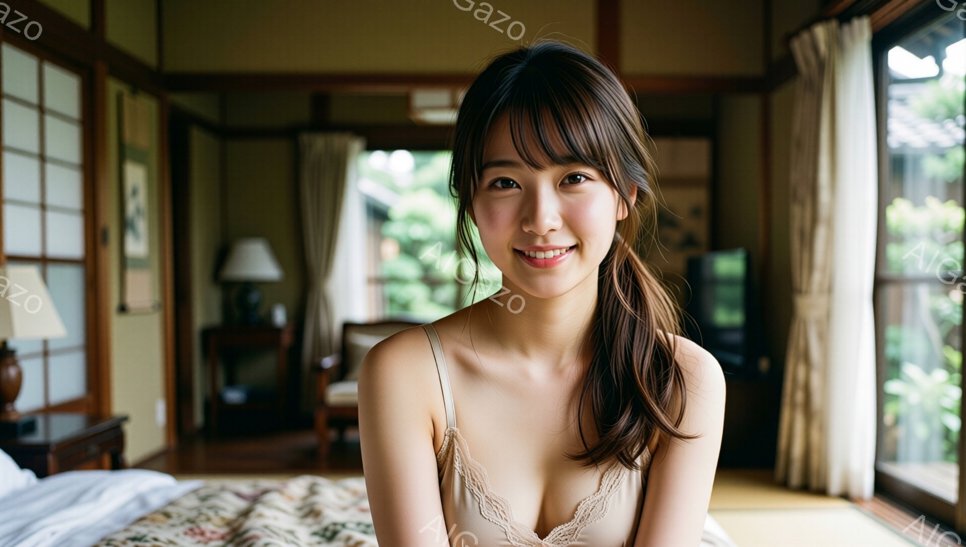 長い茶髪をハーフアップにした女性が、ベージュ色のキャミソールを着て微笑んでいます。彼女は畳敷きの部屋に座っており、窓の外には緑豊かな庭園が見えます。室内は落ち着いた色調で、和風のインテリアが施され、穏やかでリラックスした雰囲気が漂っています。