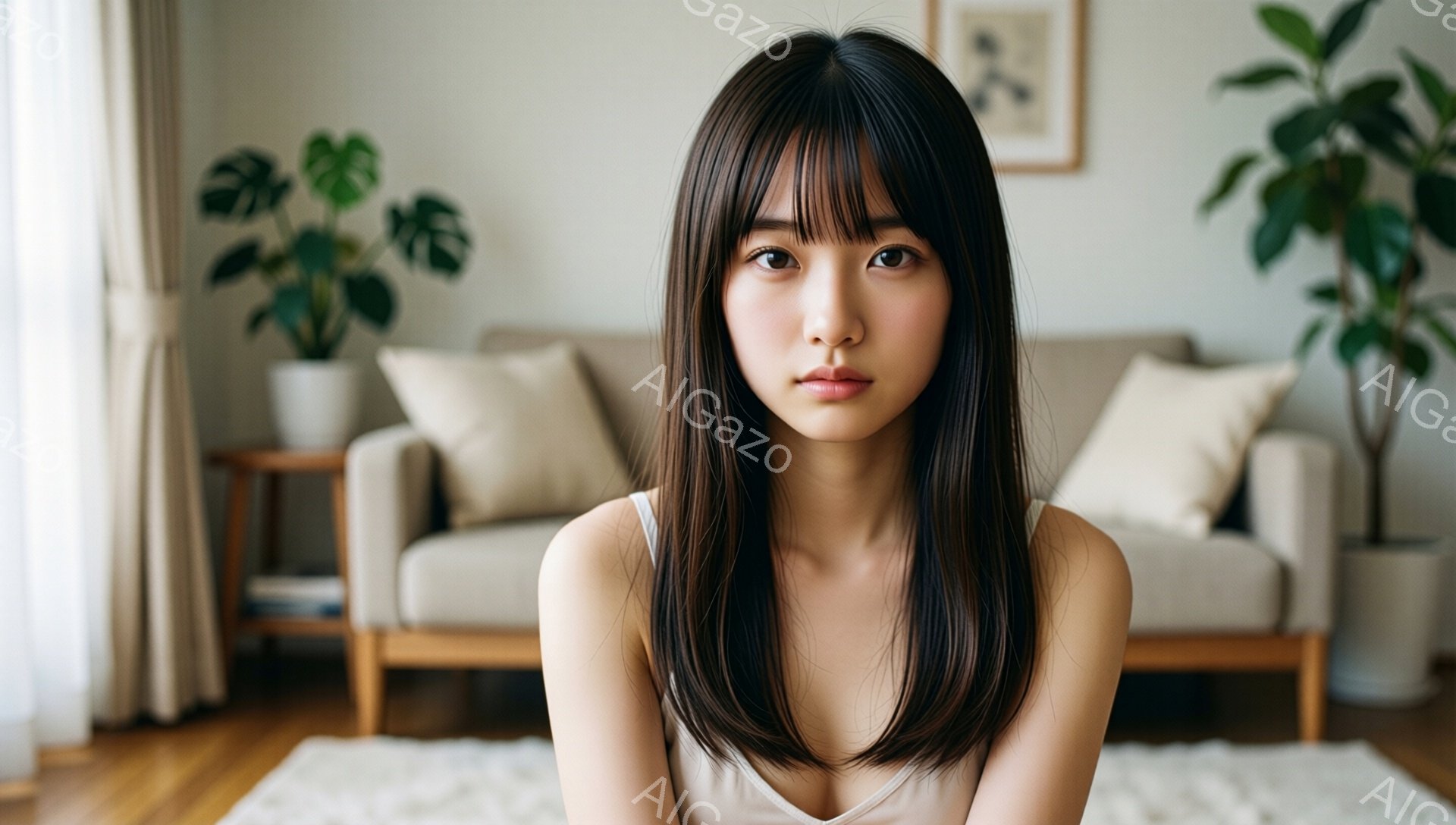 長い黒髪で前髪がぱっつんとした若い女性が写っている。ベージュのトップスを着ており、表情は穏やかで落ち着いている。背景にはベージュのソファと観葉植物があり、明るく清潔感のあるリビングルームのようである。 - AI生成フリー素材