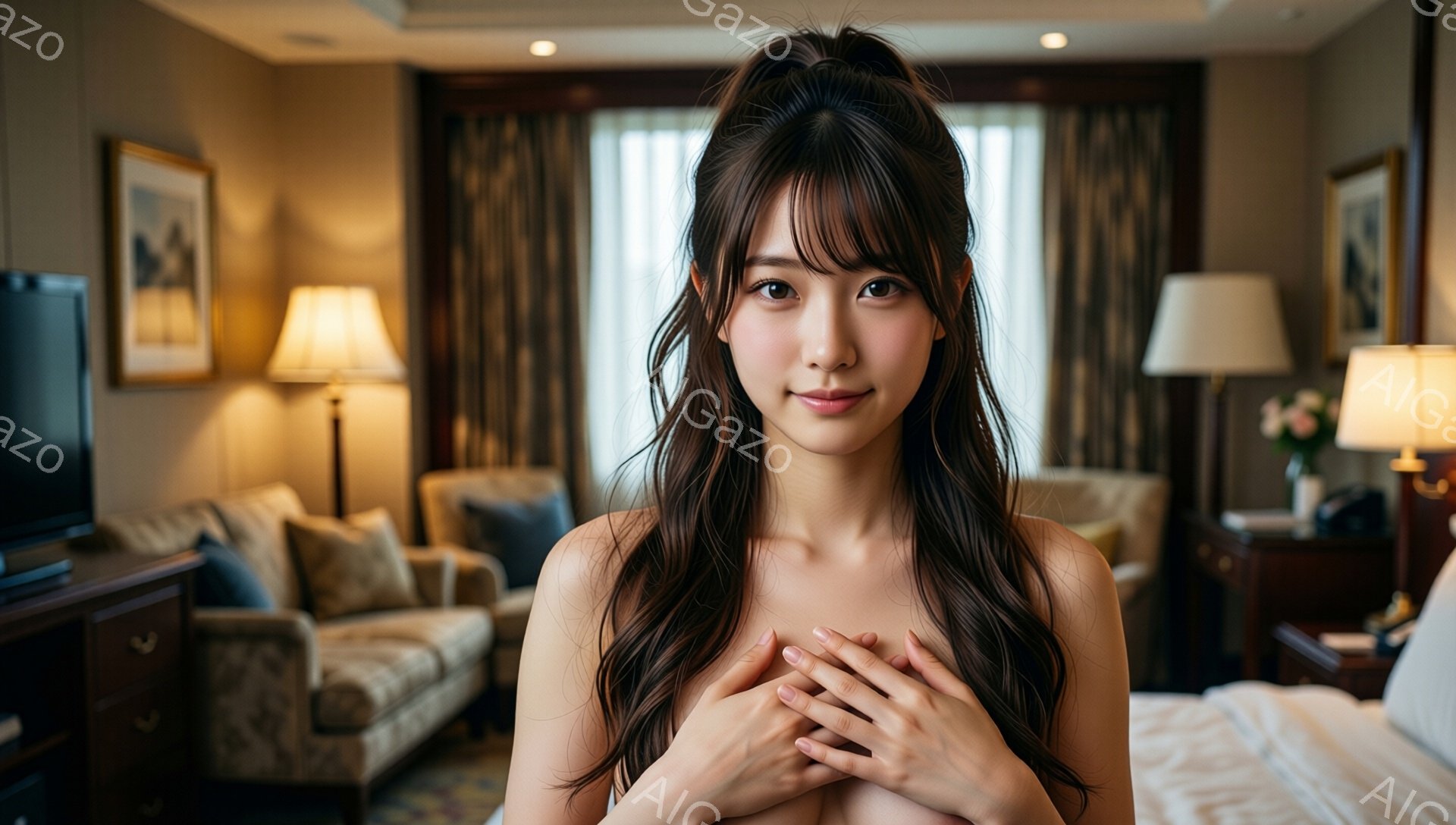 長い茶色の髪を無造作に肩にかける女性が、胸の前で手を組み微笑んでいます。背景には、ベージュと茶色を基調とした高級感のあるホテルの部屋が広がり、ソファやベッド、絵画などが配置されています。全体的に、暖か - AI生成フリー素材