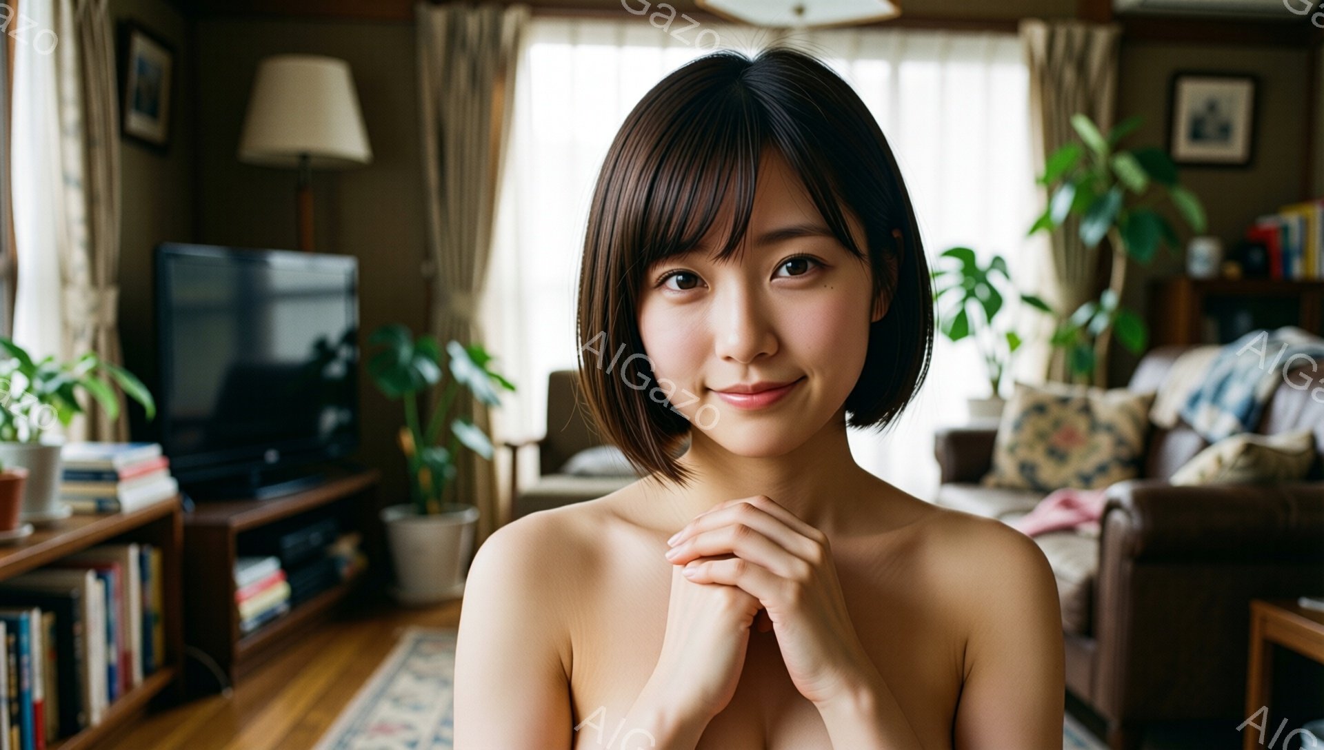 ショートヘアの女性が正面を向いて微笑んでいます。彼女は上半身裸で、両手を組み合わせて祈るような姿勢をとっています。背景には、茶色のソファ、本棚、そして窓から差し込む自然光が見え、暖かく穏やかな家庭的な - AI生成フリー素材