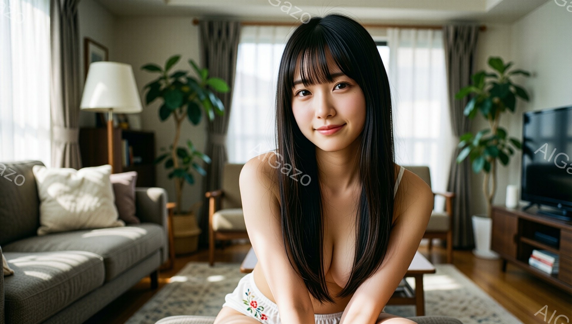 長い黒髪をなびかせた女性が、白い花柄のブラとショーツ姿でリラックスした様子で座っています。彼女は微笑みを浮かべ、カメラを見つめており、背景にはベージュとグレーのソファ、植物、木製の家具が見えます。全体 - AI生成フリー素材