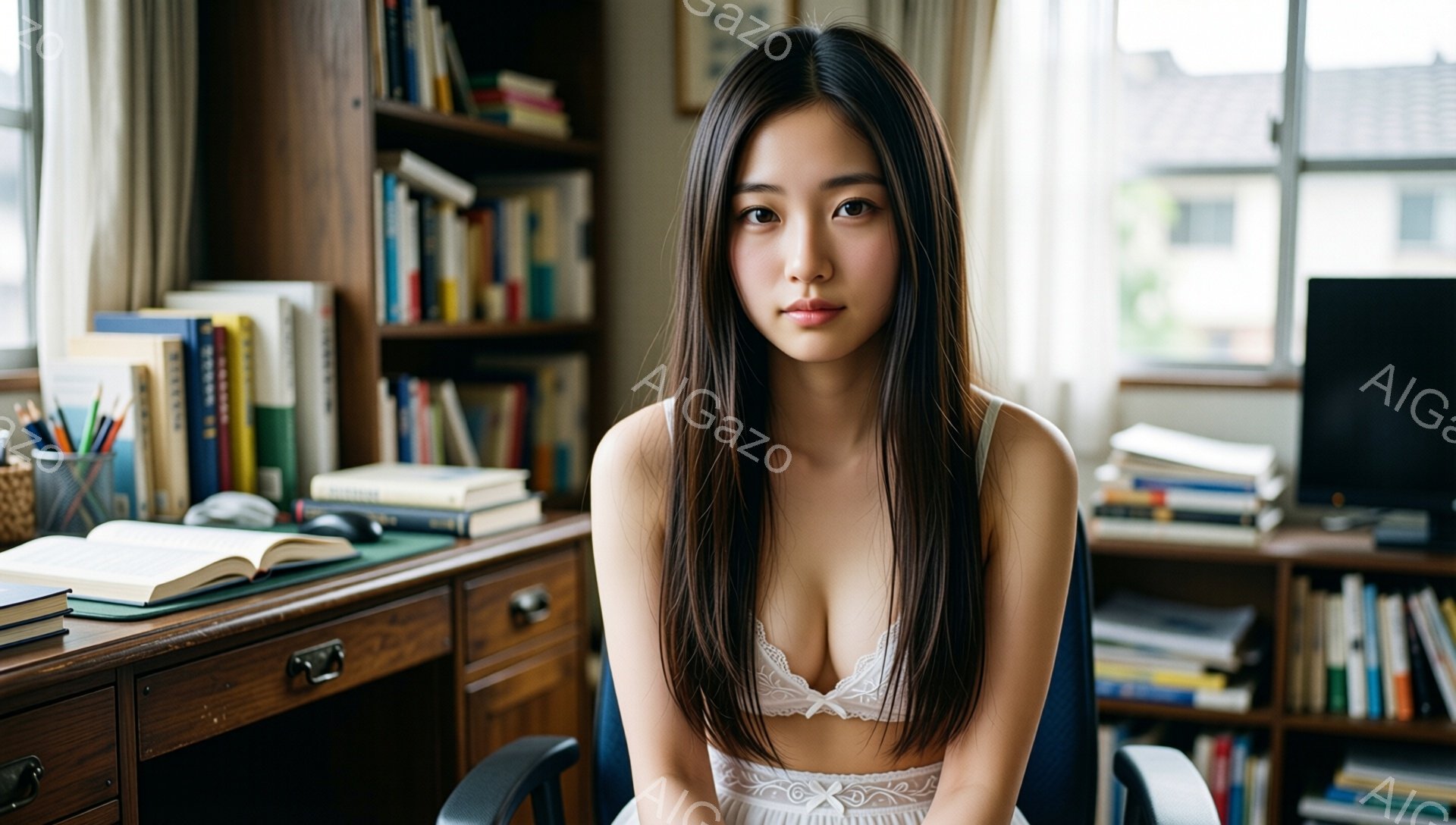 長い黒髪を肩まで伸ばした女性が、白いレースのブラと白いキャミソールを着て椅子に座っています。彼女は正面を見ており、穏やかで控えめな表情をしています。背景には本棚が並び、窓からは自然光が差し込み、落ち着 - AI生成フリー素材