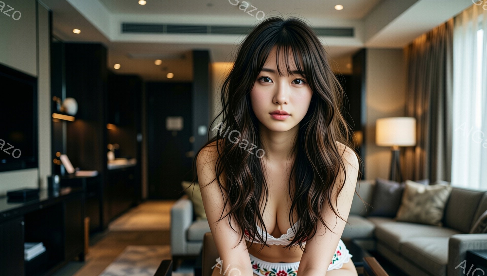 長いダークブラウンの髪を無造作に垂らした女性が写っています。白いレースのブラと、花柄が刺繍されたボクサーショーツのような下着を着用し、少し微笑んだ表情でカメラを見つめています。背景はモダンなリビングル - AI生成フリー素材