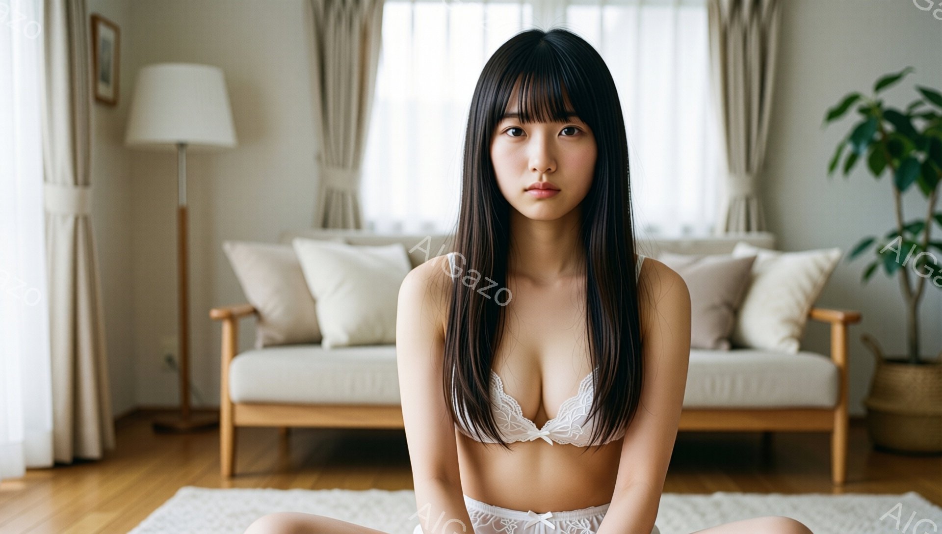 長い黒髪をセンターパートにした若い女性が、白いレースのブラジャーとショーツ姿で座っています。彼女は穏やかな表情でカメラを見つめており、その姿勢はリラックスしています。背景には、クリーム色のソファと観葉 - AI生成フリー素材