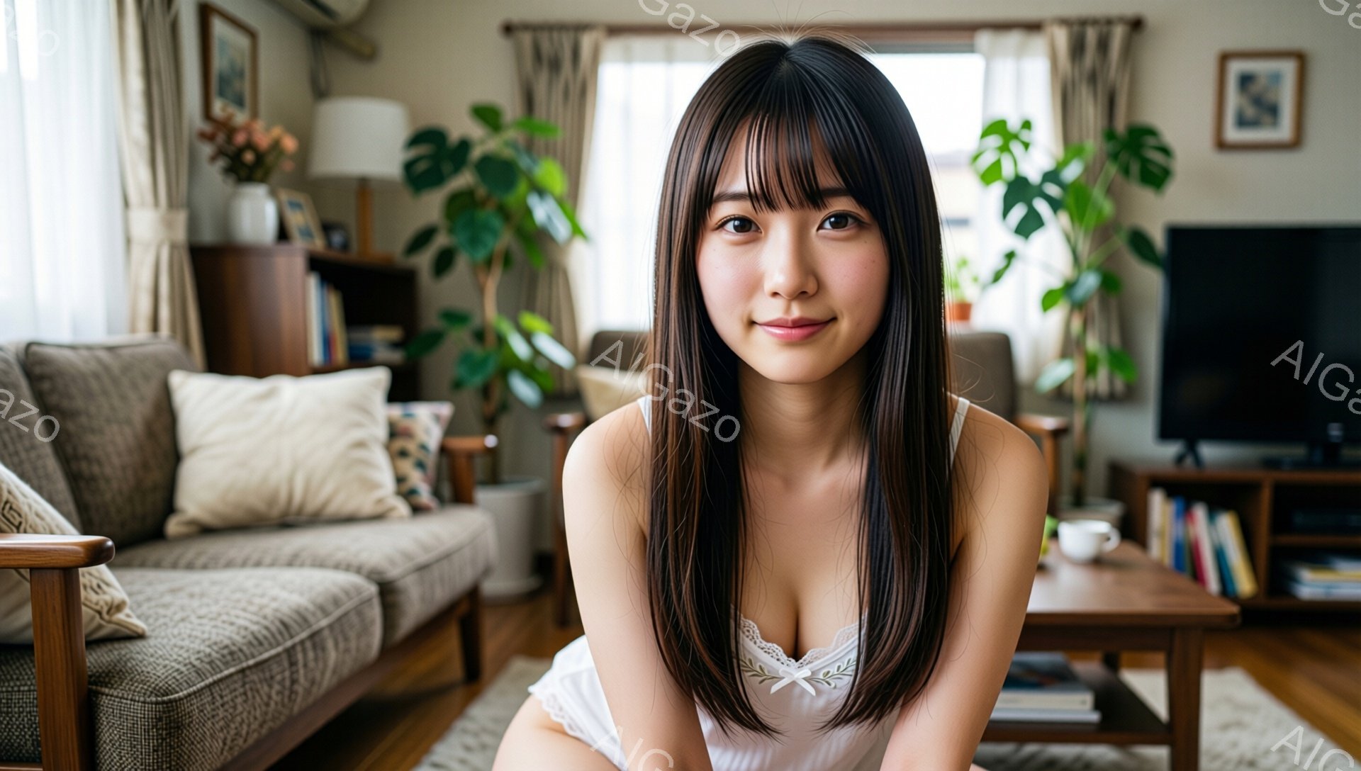 長い黒髪で前髪を流した若い女性が、薄いピンク色のレースのトップスを着て、カメラに向かって微笑んでいます。彼女は床に座り、リラックスした姿勢で、背景には窓から差し込む光が暖かく、リビングルームが写っています。 ソファや木製のコーヒーテーブル、観葉植物が配置され、穏やかで家庭的な雰囲気です。