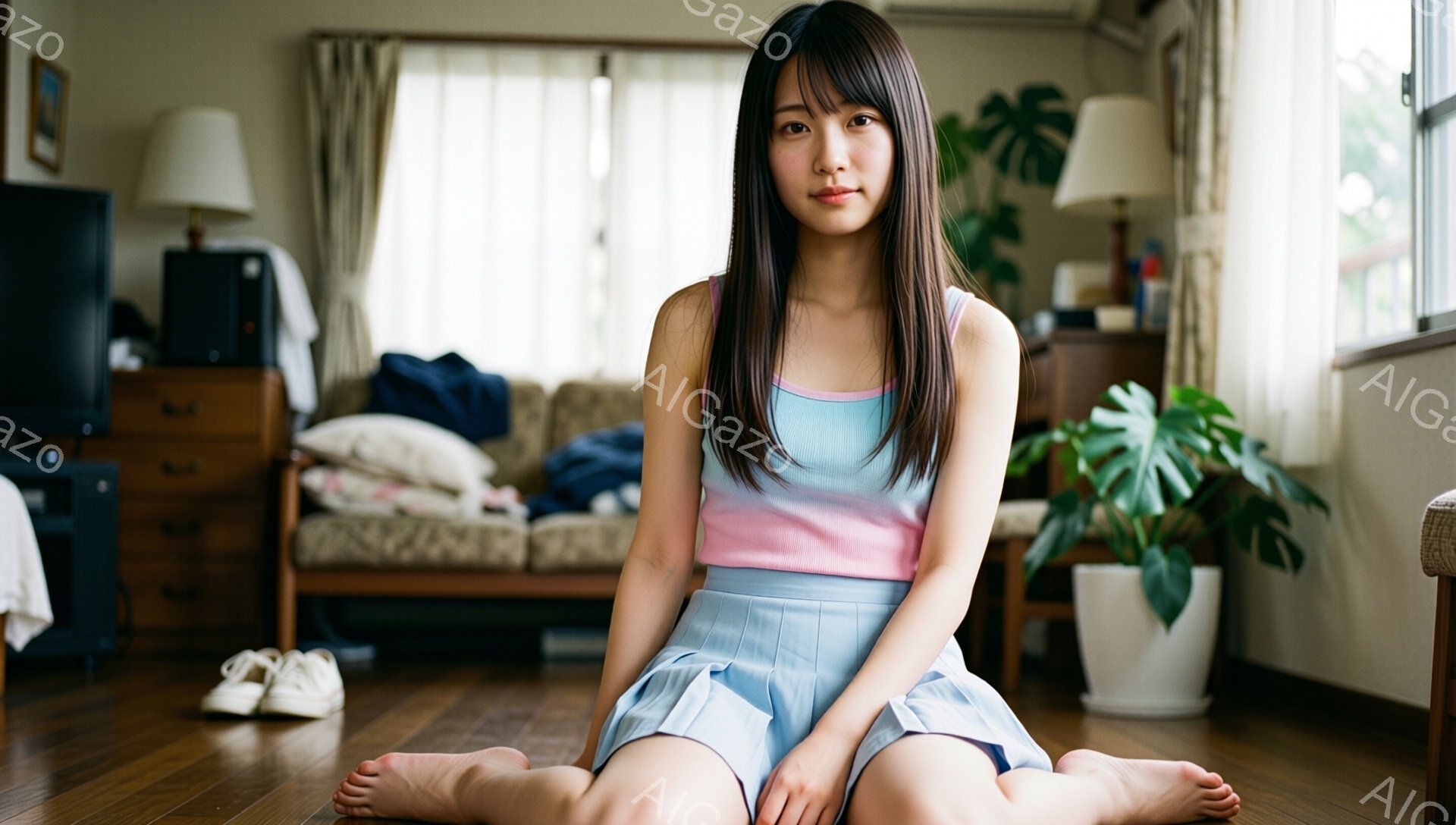 長い黒髪で前髪を作った若い女性が床に座っている。ピンクと水色のタンクトップに水色のスカートを着用しており、足は組んでリラックスした表情をしている。背景には家具が配置されたリビングルームが見え、窓からは自然光が差し込んでいる。