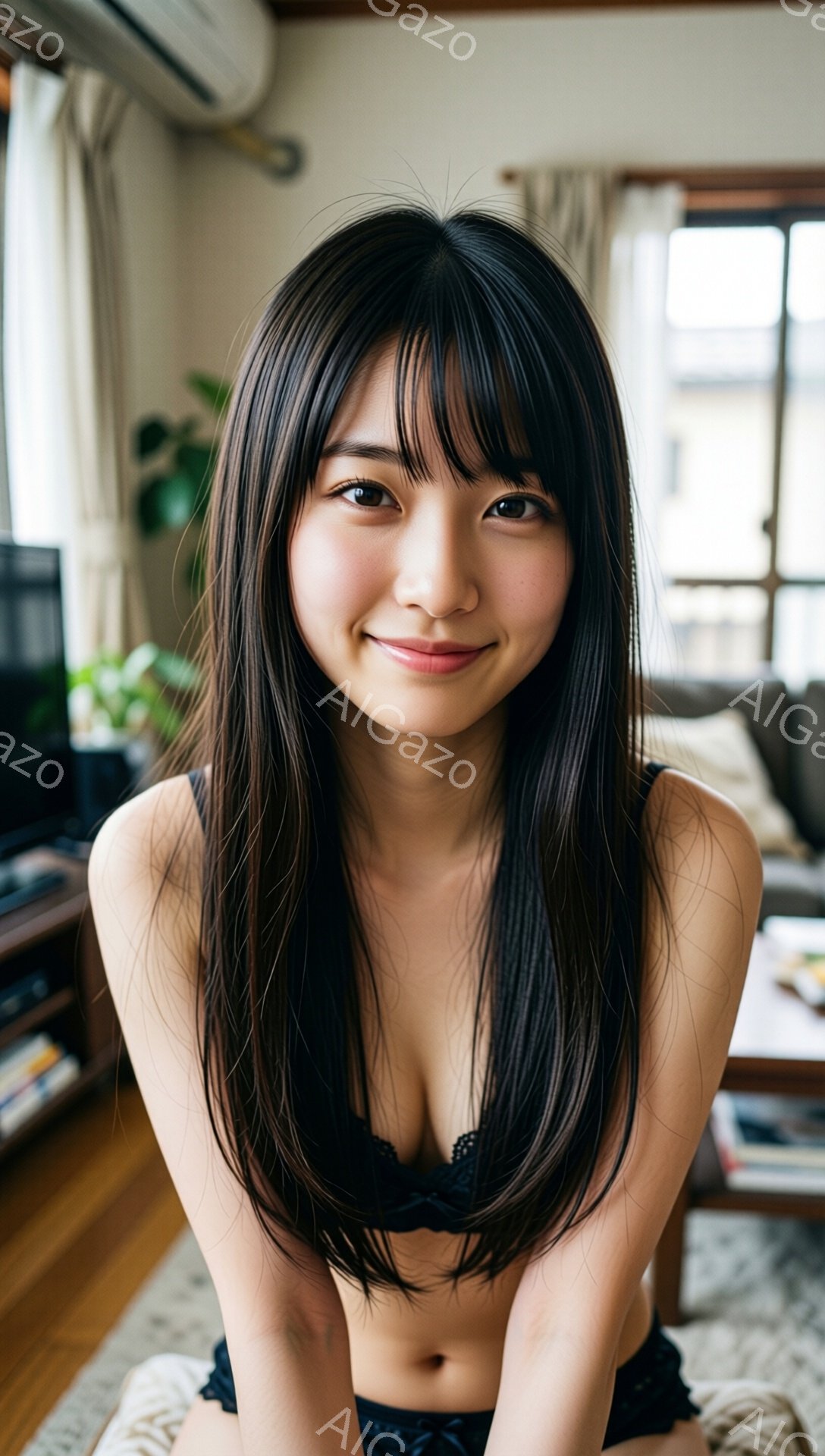 長い黒髪の女性が、黒いレースのブラレットと下着姿でカメラに向かって微笑んでいます。彼女は膝を曲げて座っており、リラックスした姿勢で視線をカメラに向けています。背景には、木製の家具や観葉植物が見え、リビングルームのような室内空間が広がっています。