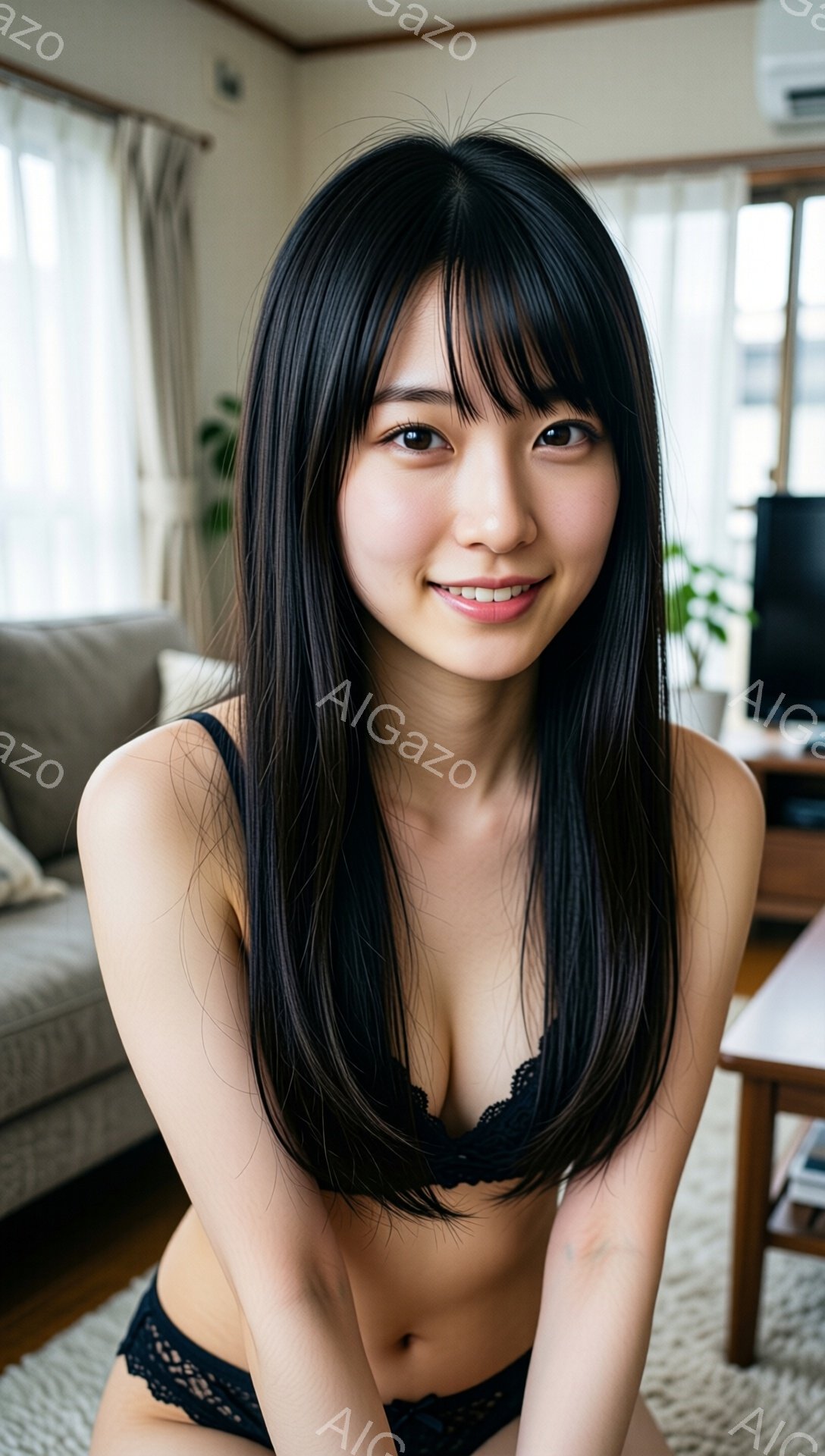 長い黒髪の女性が、黒いレースのブラとショーツ姿でカメラに向かって微笑んでいます。彼女は膝を曲げて座っており、リラックスした雰囲気です。背景にはソファや木製の家具が見え、明るく家庭的なリビングルームの様 - AI生成フリー素材