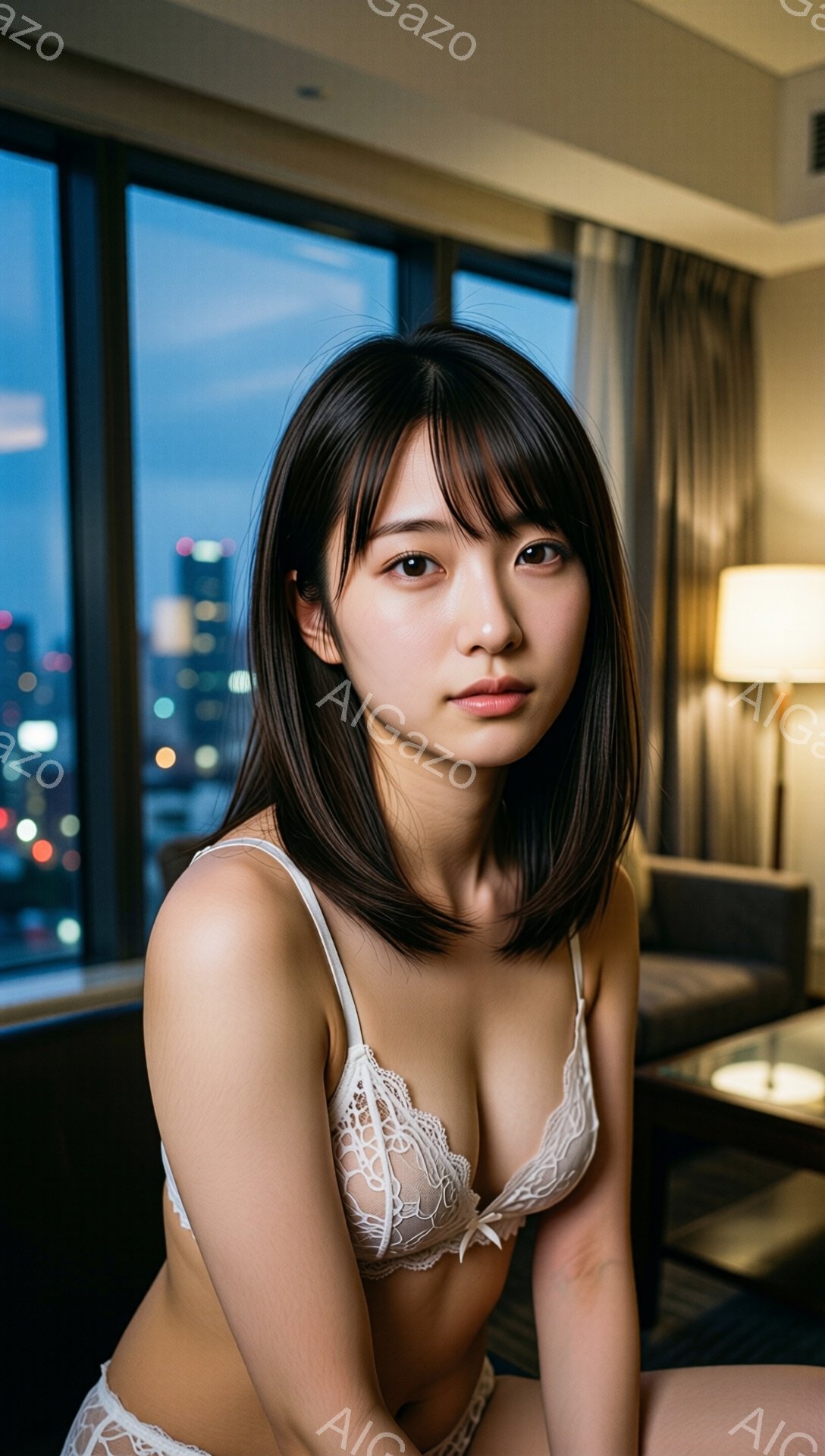 黒髪の女性が、レースの白いブラジャーと下着を身につけ、わずかに微笑みながらカメラを見つめている。彼女は室内で椅子に座っており、背景には夜景の見える大きな窓がある。室内はモダンな家具で飾られ、落ち着いた雰囲気が漂っている。